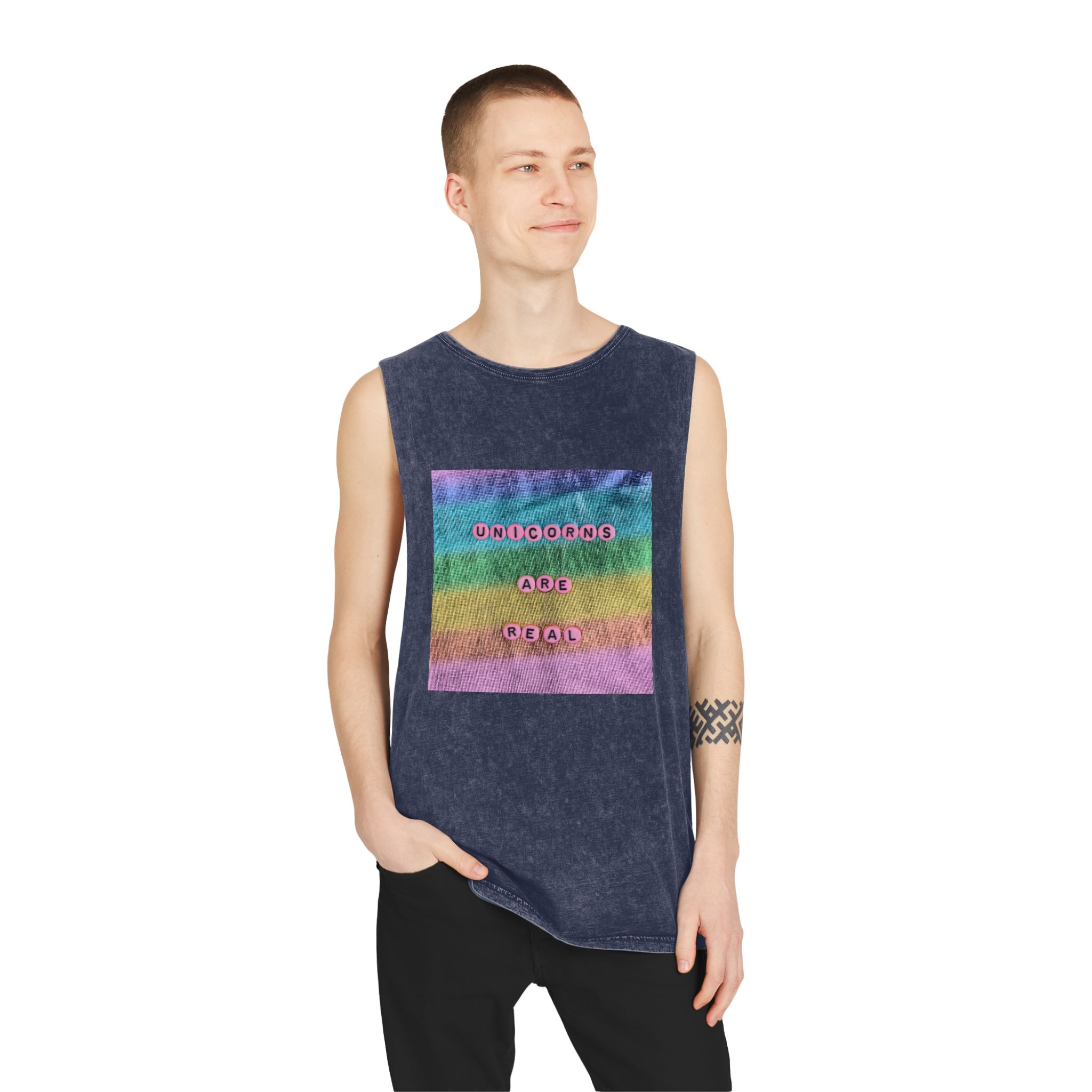 Pink Unicorns Are Real Beads Message Typography Unisex Stonewash Tank Top - Image 15