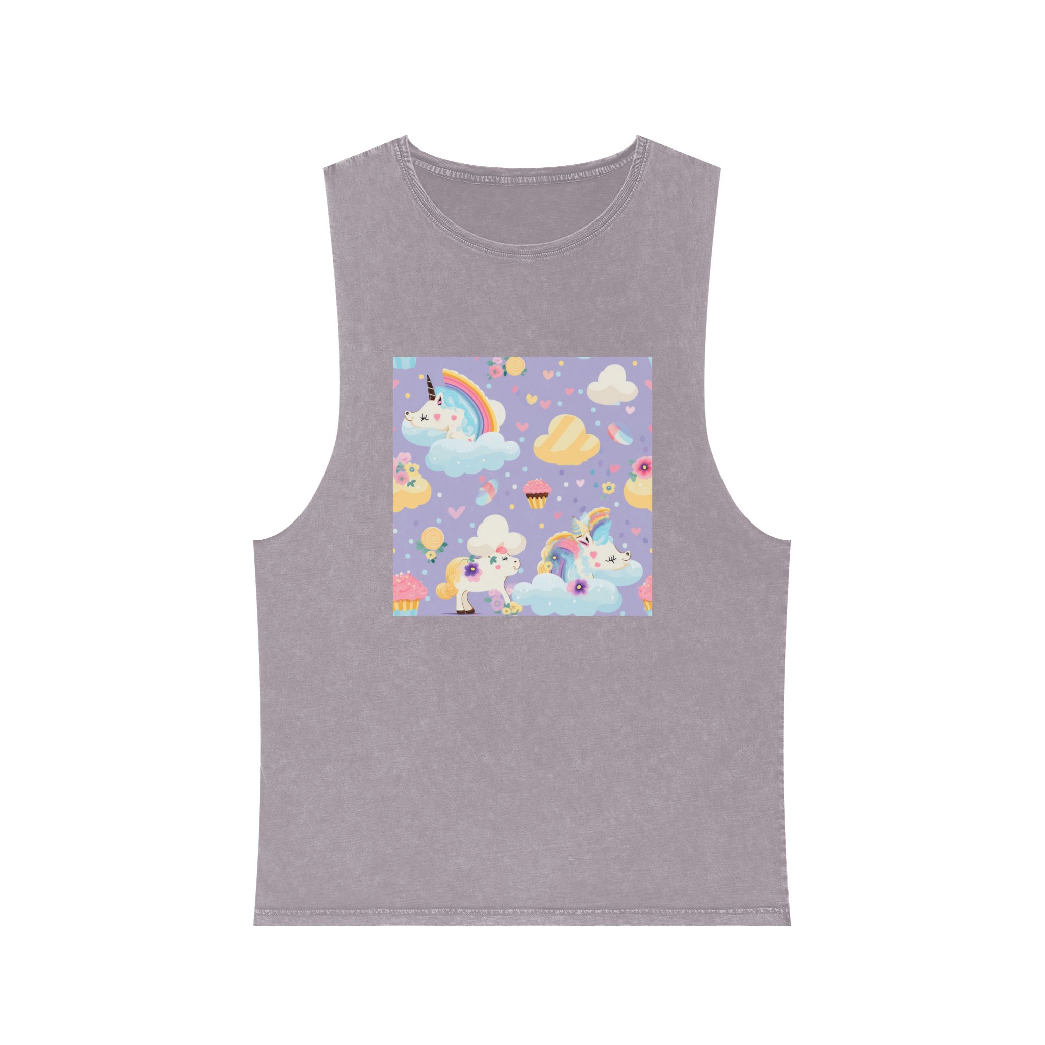 Playful Unicorns Among Flowers Clouds Rainbows Ice Creams Pastel Background (4) Unisex Stonewash Tank Top - Image 17
