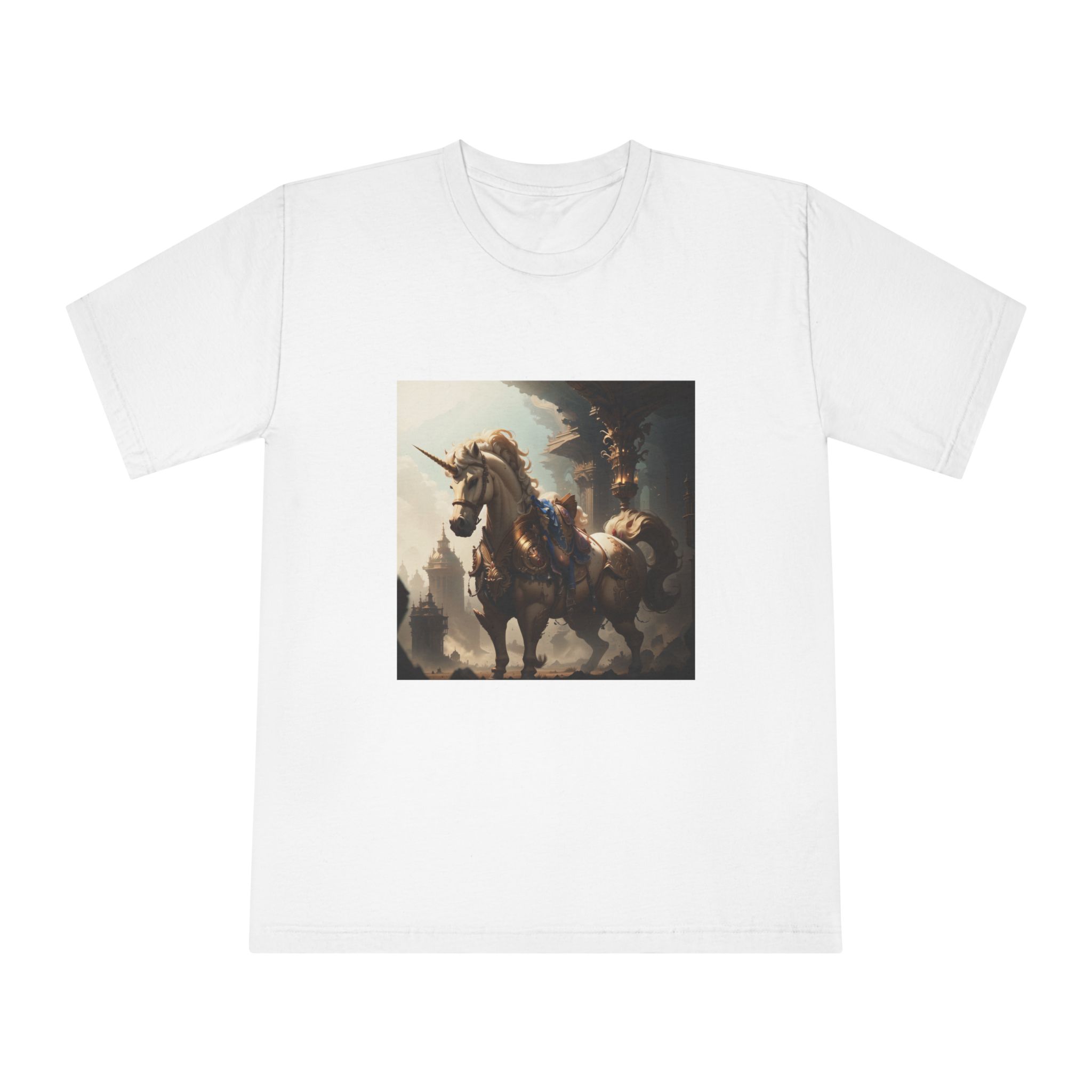 Unicorn With Sword Its Back Is Standing Front Building Unisex Classic Crewneck T Shirt