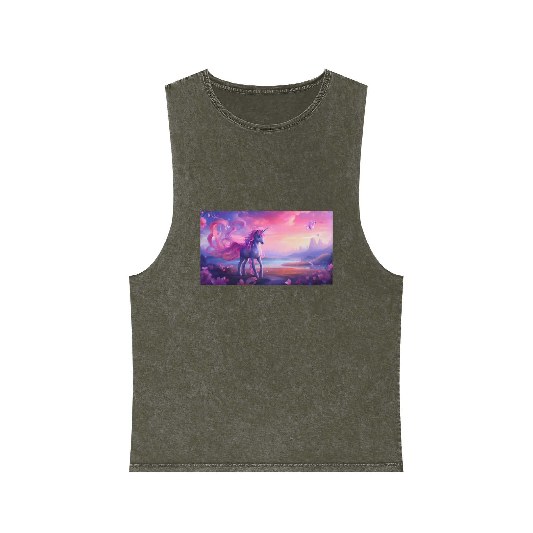 Unicorn Standing Field Flowers With Butterflies Flying Around Generative Ai Unisex Stonewash Tank Top - Image 5
