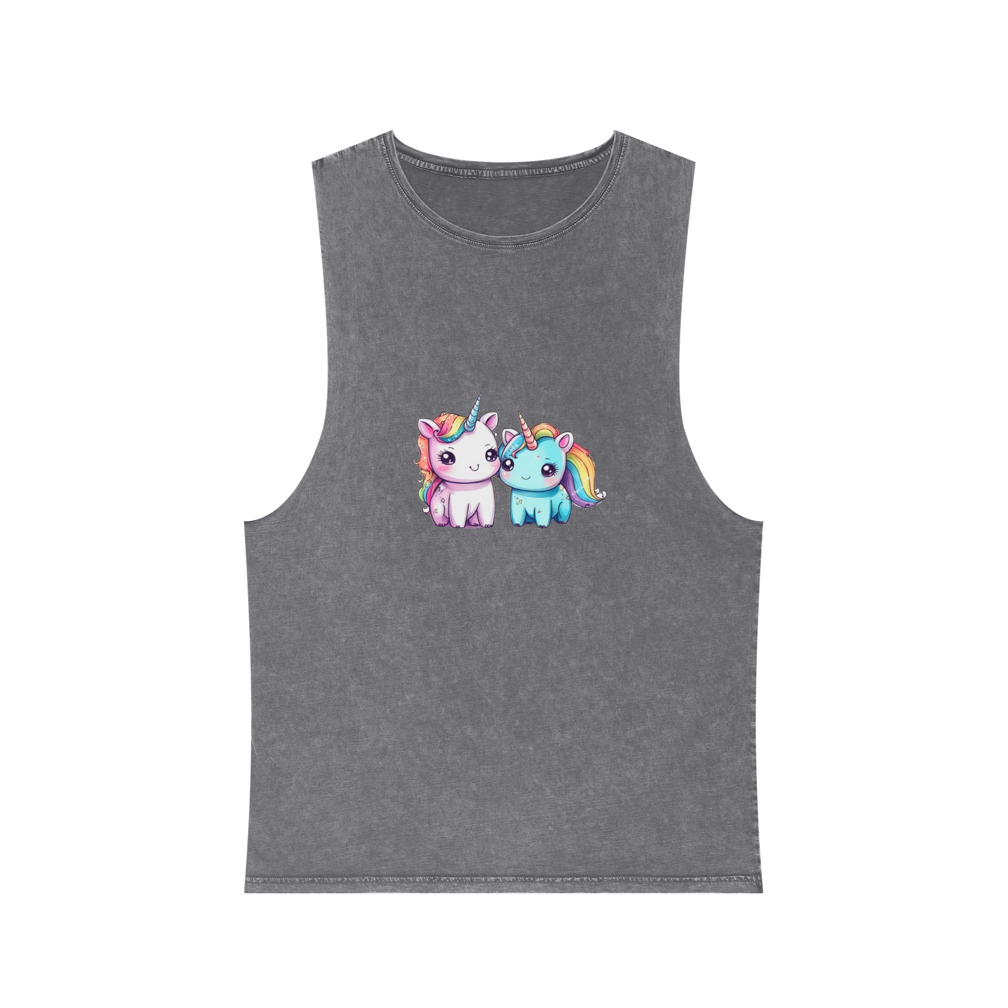 Pair Adorable Light Blue Pink Unicorns Isolated Rainbow Colors Background Unisex Stonewash Tank Top - Image 9