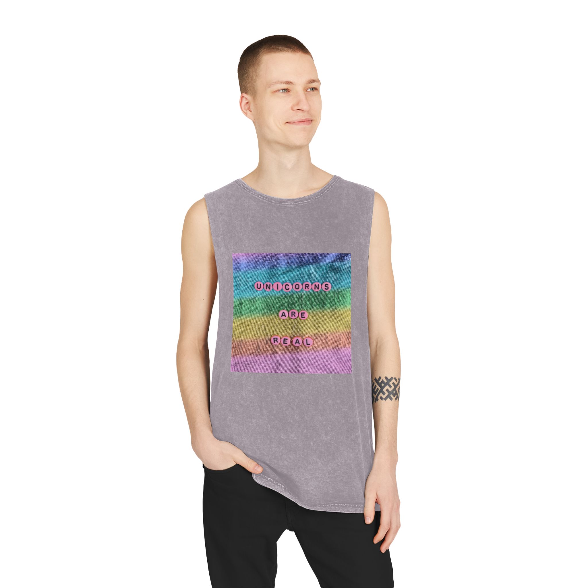 Pink Unicorns Are Real Beads Message Typography Unisex Stonewash Tank Top - Image 19
