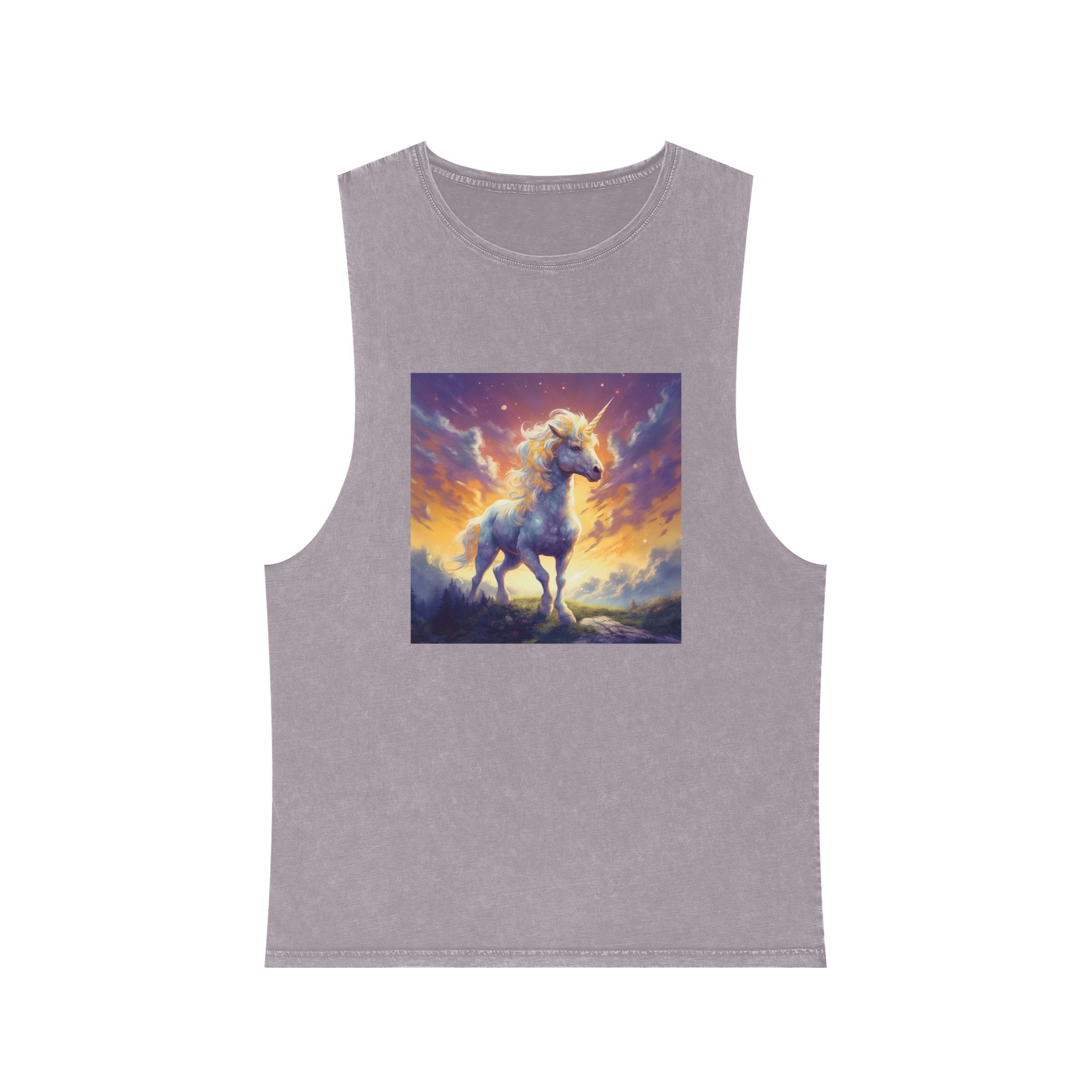Painting Unicorn Standing Hill With Sunset Background Generative Ai Unisex Stonewash Tank Top - Image 17