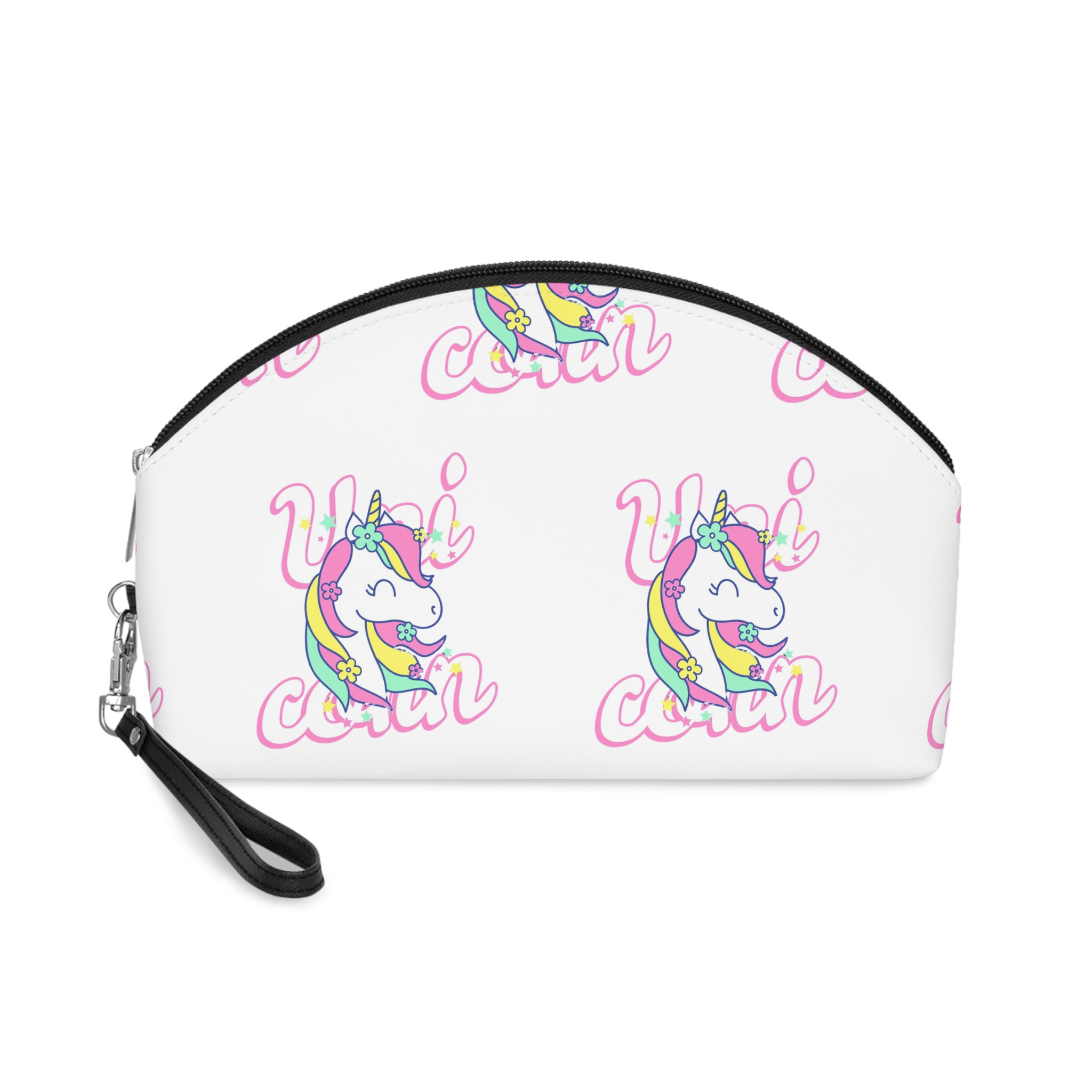 Unicorn With Colorful Text Flowers Makeup Bag