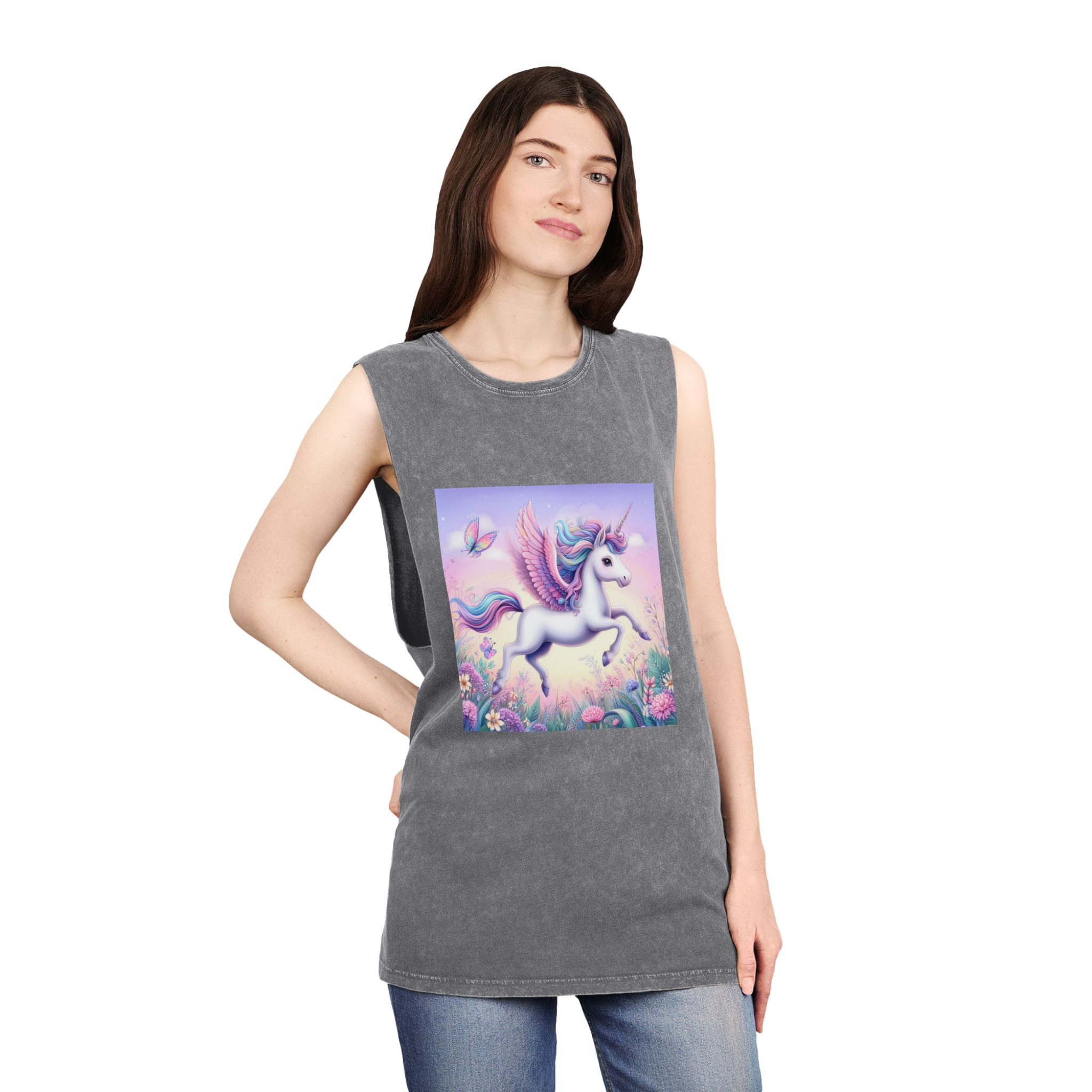Beautiful Unicorn Running Magical Meadow Unicorn Background Images Whimsical Unicorn (41) Unisex Stonewash Tank Top - Image 12