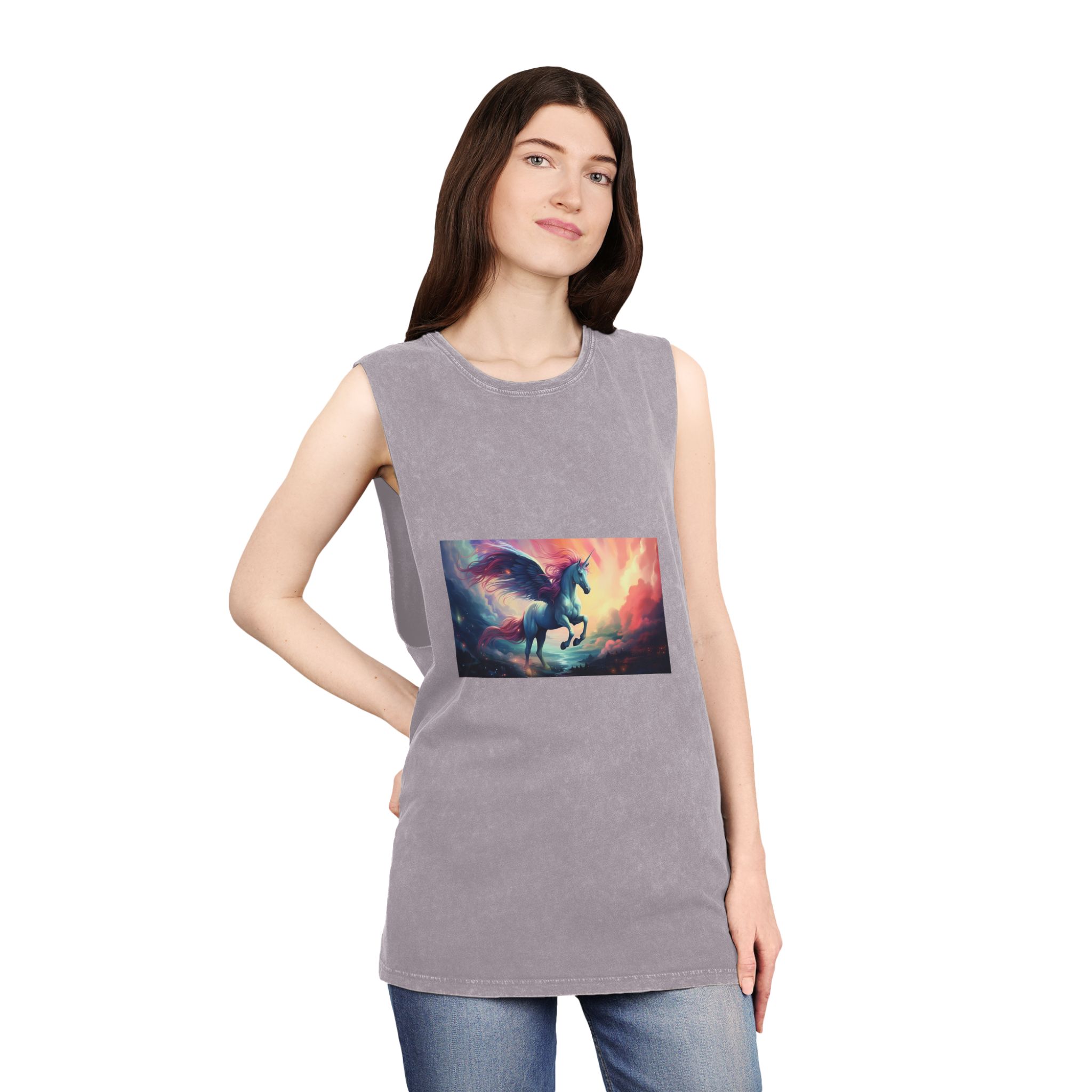 Painting Unicorn With Wings Flying Lake Generative Ai Unisex Stonewash Tank Top - Image 20