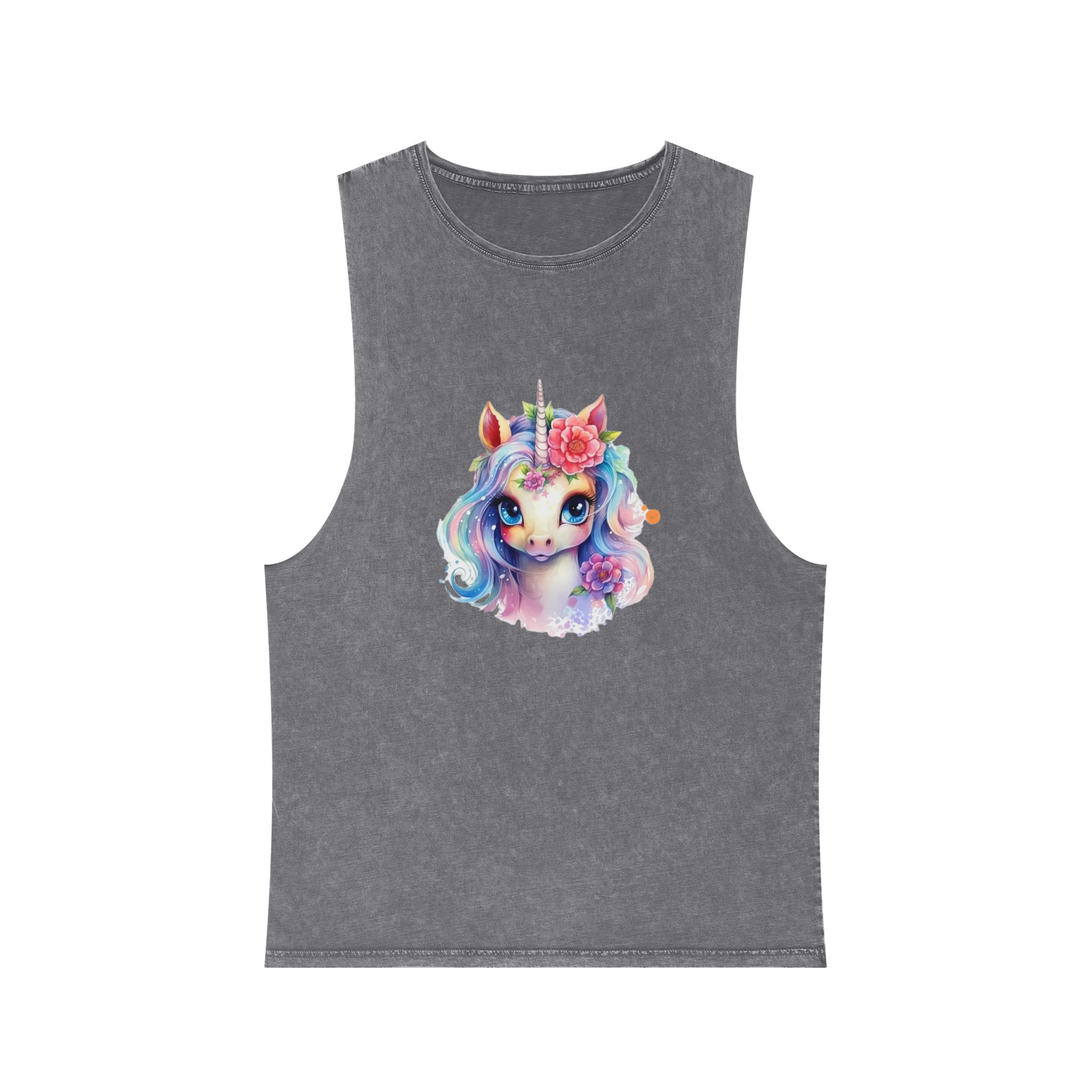 Cute Colorful Magic Unicorn With Flowers Watercolor Style (8) Unisex Stonewash Tank Top - Image 9