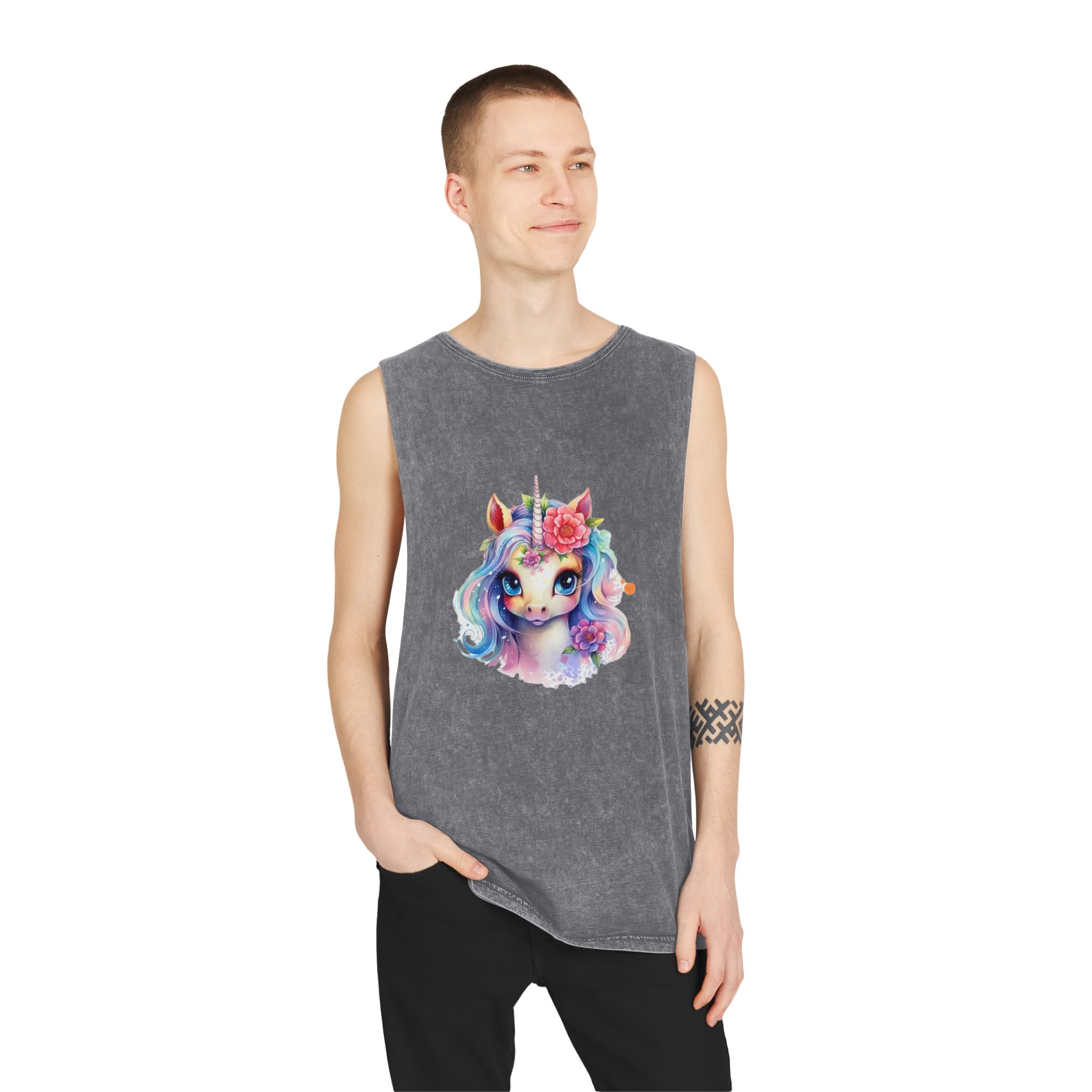 Cute Colorful Magic Unicorn With Flowers Watercolor Style (8) Unisex Stonewash Tank Top - Image 11