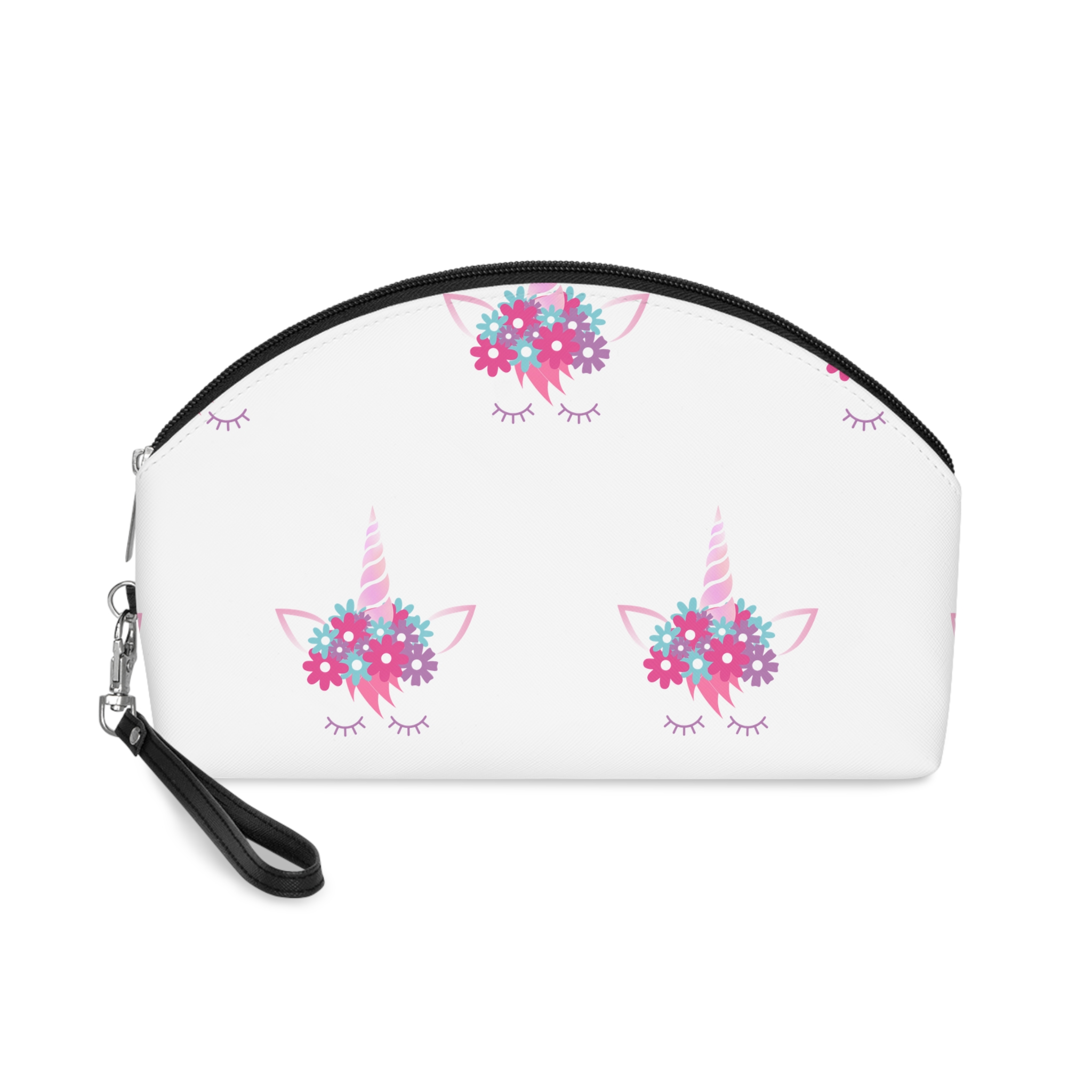 Unicorn Face Flowers Pink Makeup Bag