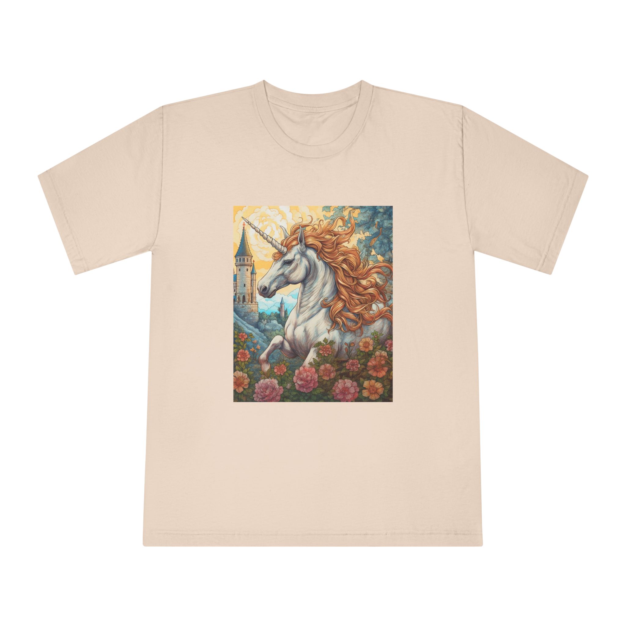 Painting Unicorn With Long Mane Castle Background Generative Ai Unisex Classic Crewneck T Shirt - Image 9