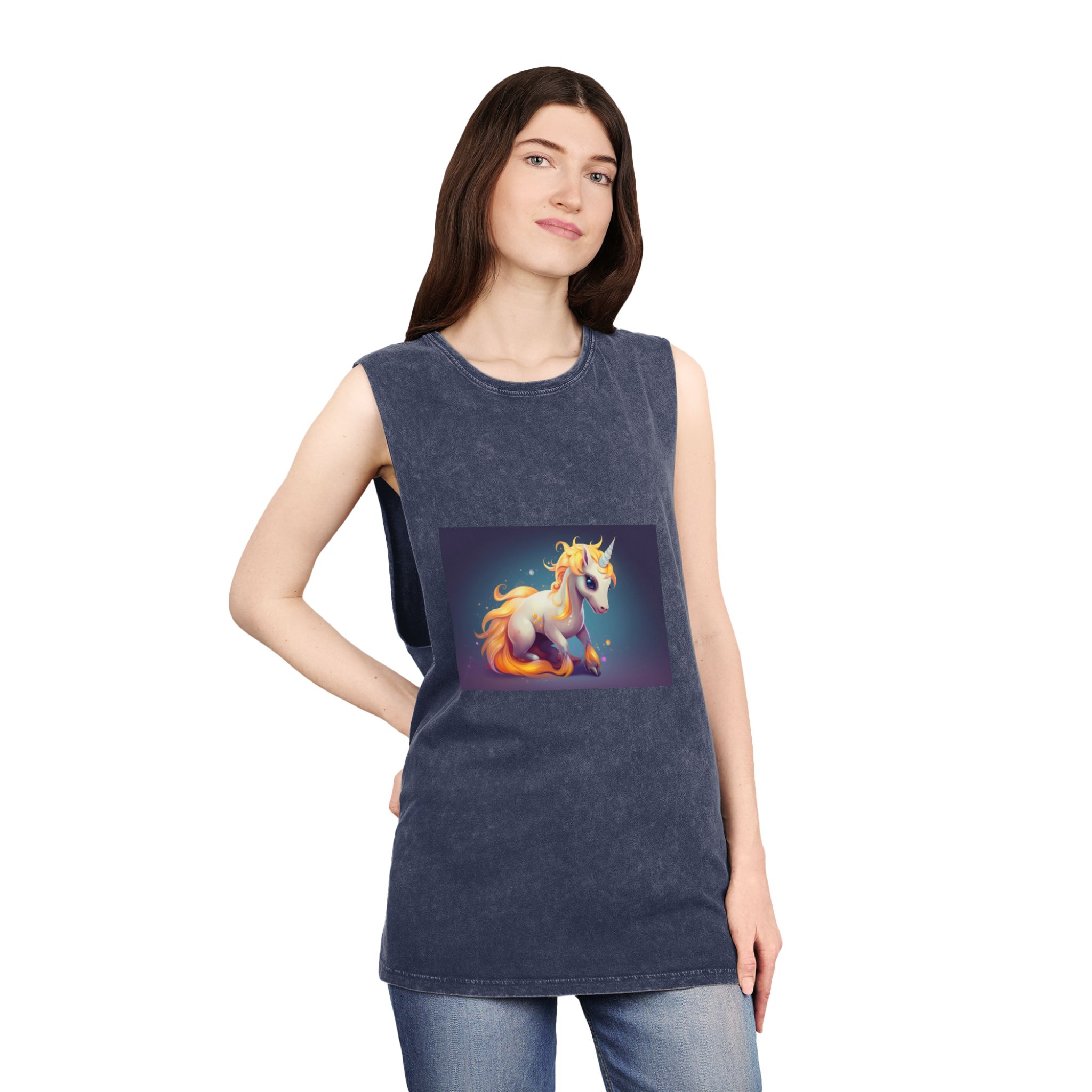 Cute Unicorn With Long Colorful Mane Dark Background Generative Ai Unisex Stonewash Tank Top - Image 16