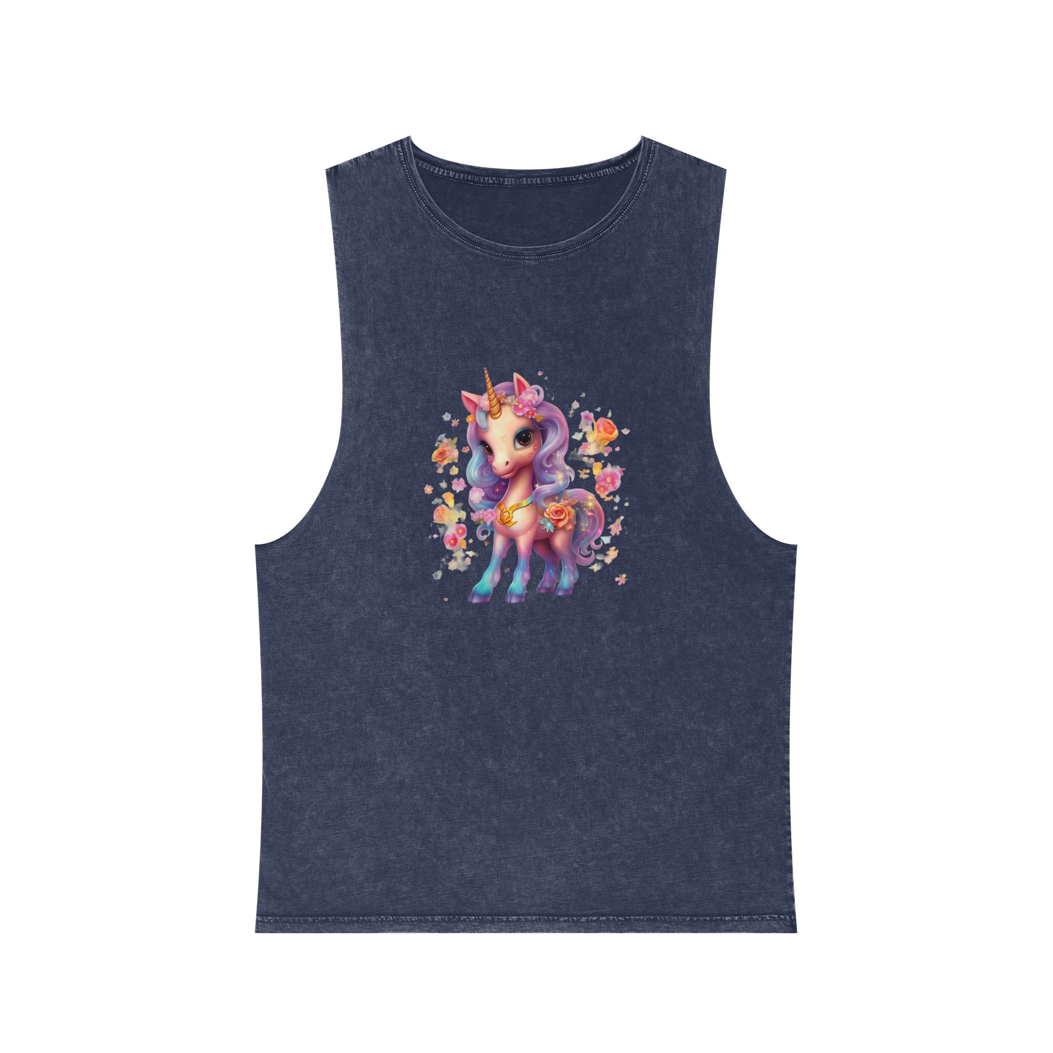 Illustration Unicorn Cartoon With Flower White Background Generative Ai (1) Unisex Stonewash Tank Top - Image 13