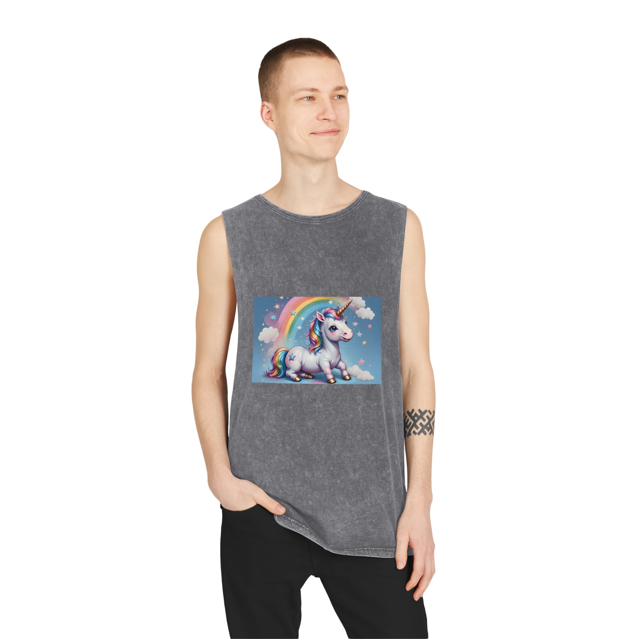 Happy Unicorn Background Sky Rainbow Unisex Stonewash Tank Top - Image 11