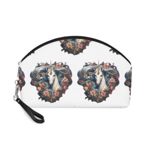 Unicorn With Blue Hair Flowers Heart Shape Generative Ai Makeup Bag