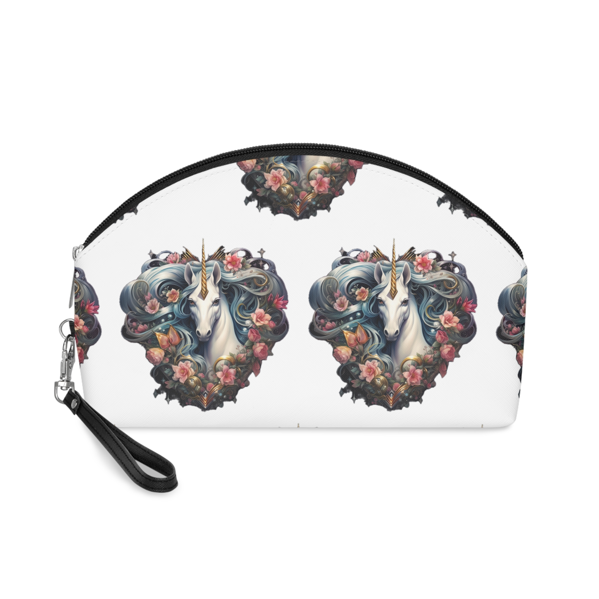 Unicorn With Blue Hair Flowers Heart Shape Generative Ai Makeup Bag