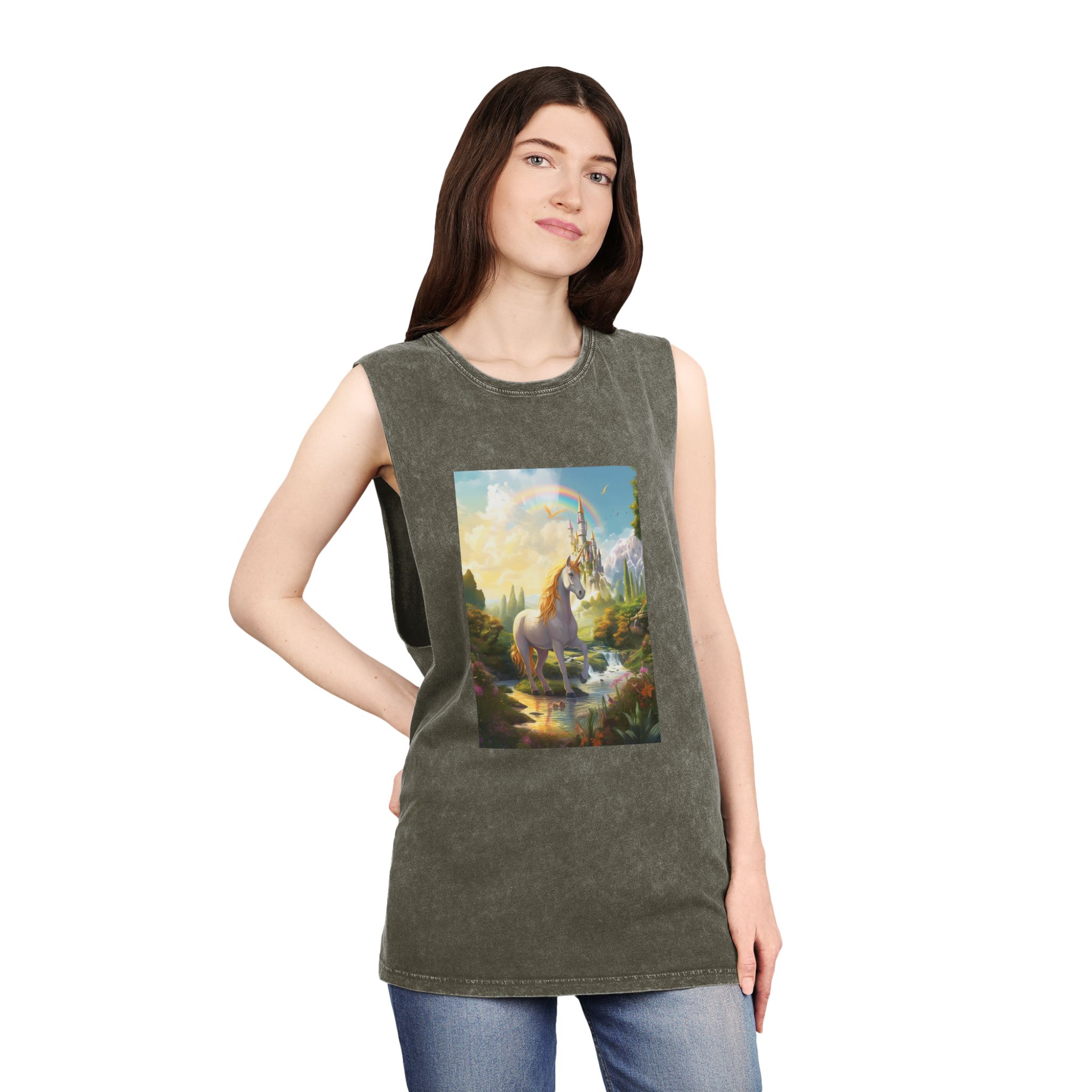 Painting Unicorn Fantasy Setting With Castle Background Generative Ai Unisex Stonewash Tank Top - Image 8