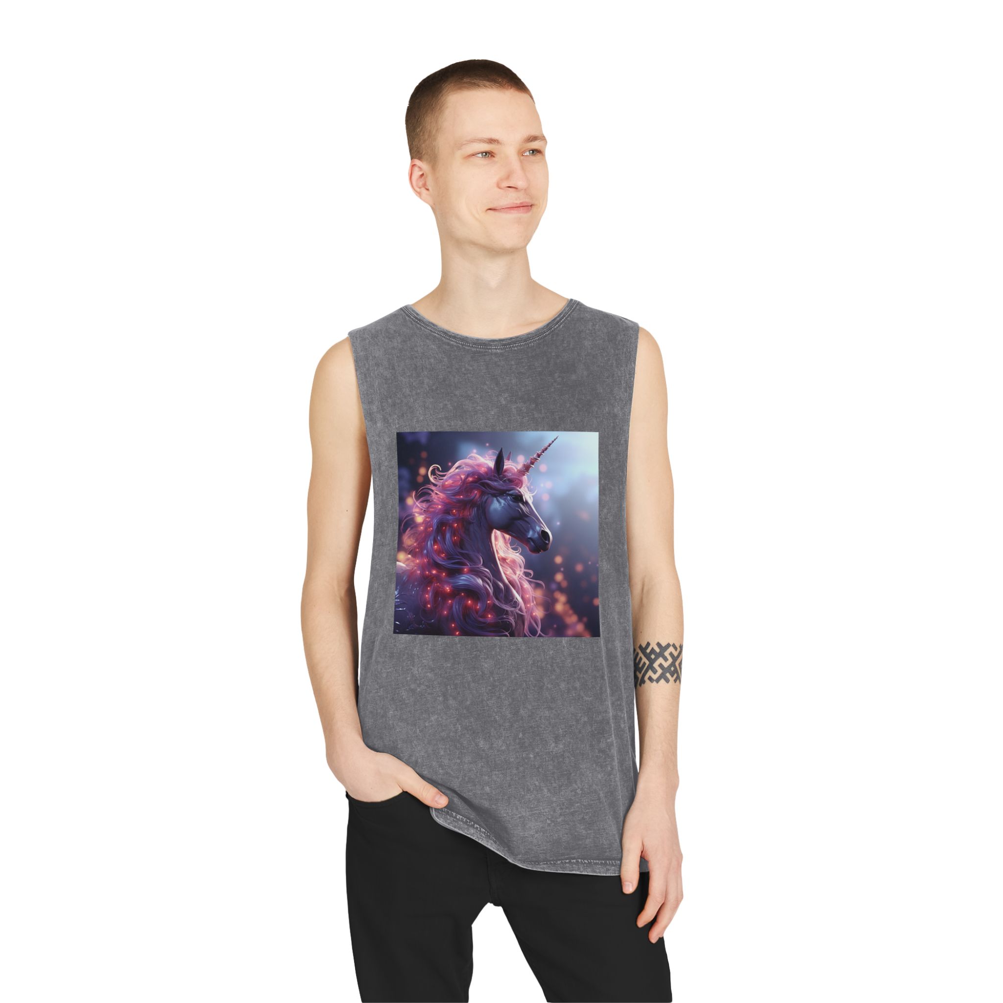 Pink 3d Mythical Unicorn With Lights Mane Unisex Stonewash Tank Top - Image 11