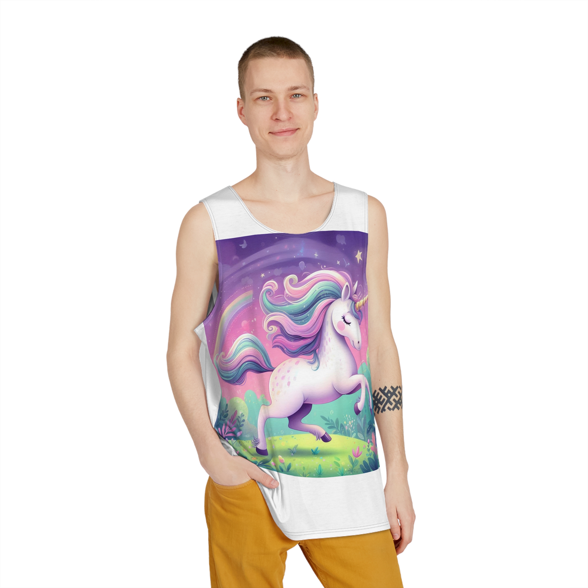 Beautiful Unicorn Running Magical Meadow Unicorn Background Images Whimsical Unicorn (12) Mens Tank Aop - Image 3