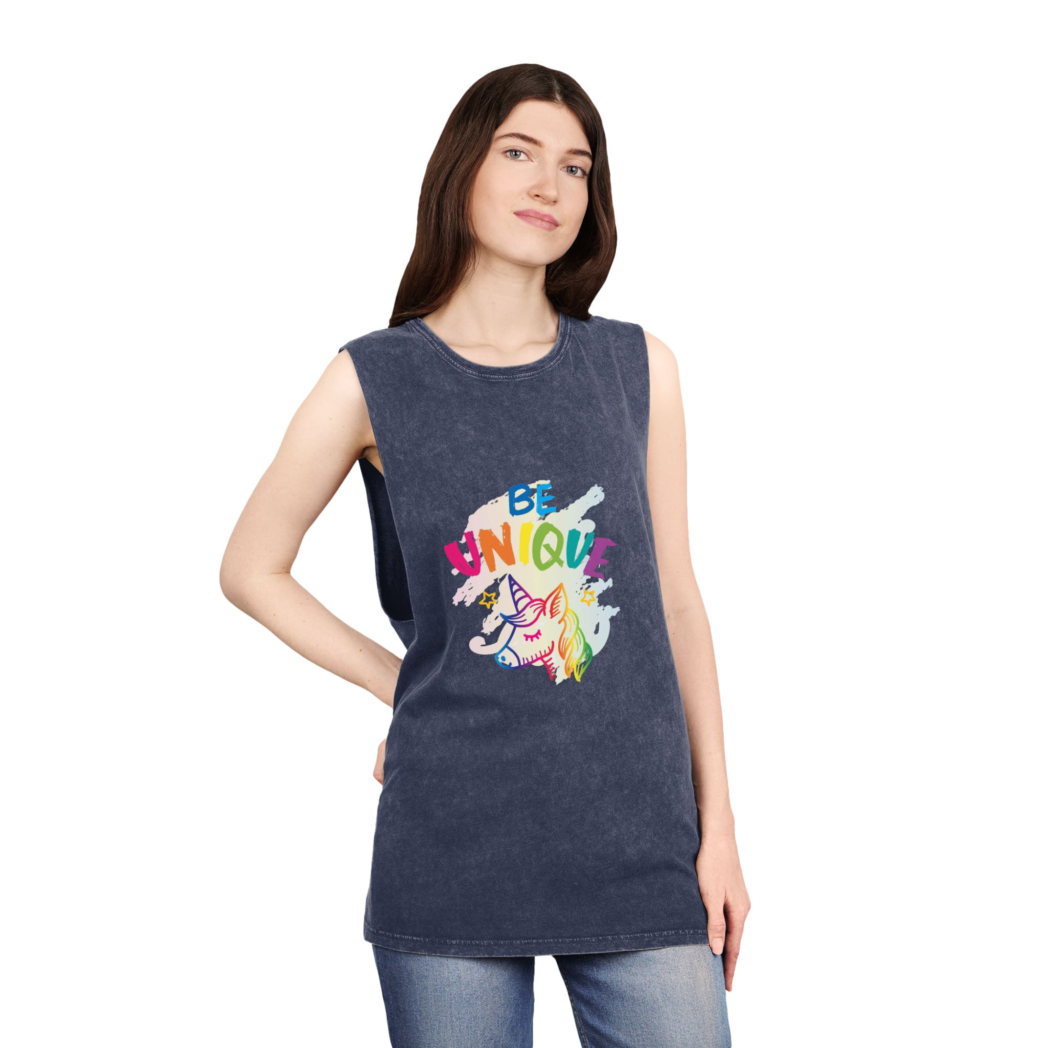 Colorful Unicorn With Words Be Unique It Unisex Stonewash Tank Top - Image 16