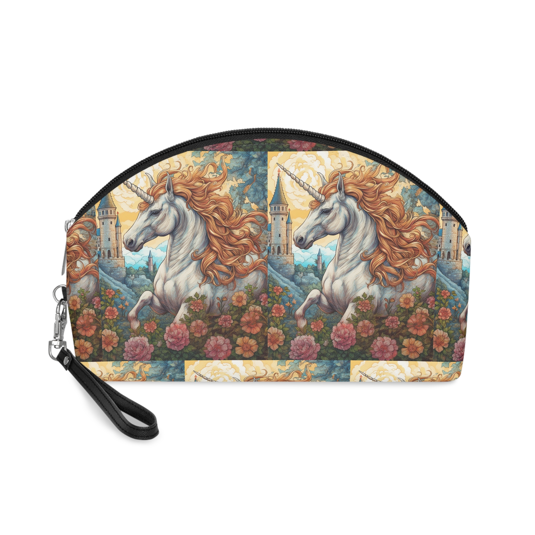 Painting Unicorn With Long Mane Castle Background Generative Ai Makeup Bag