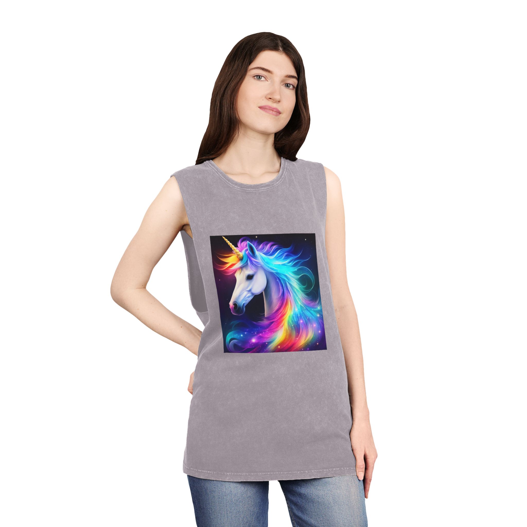 Portrait Unicorn Isolated Stars Background Generative Artificial Intelligence Unisex Stonewash Tank Top - Image 20