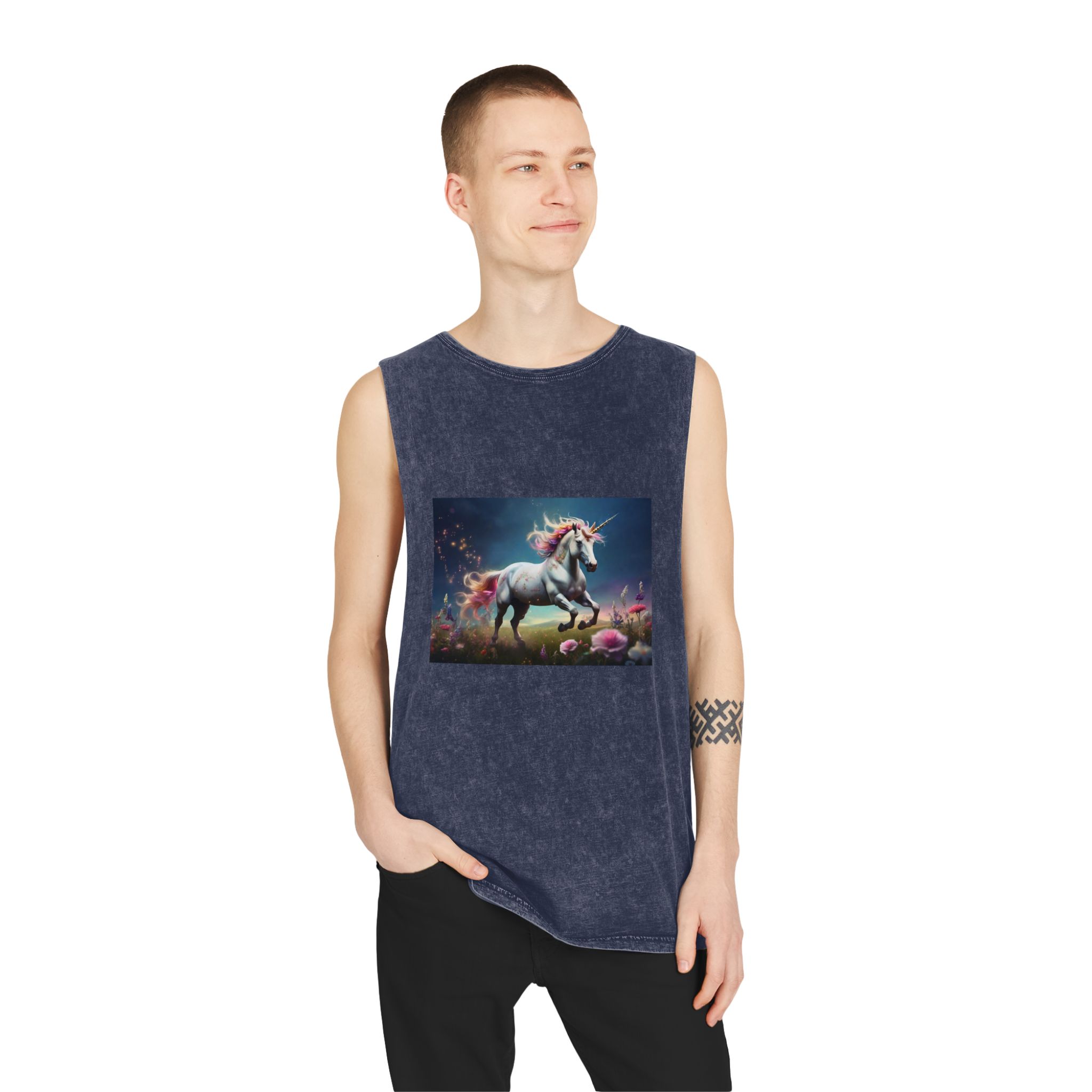 Beautiful Unicorn Running Magical Meadow Unicorn Background Images Whimsical Unicorn (18) Unisex Stonewash Tank Top - Image 15