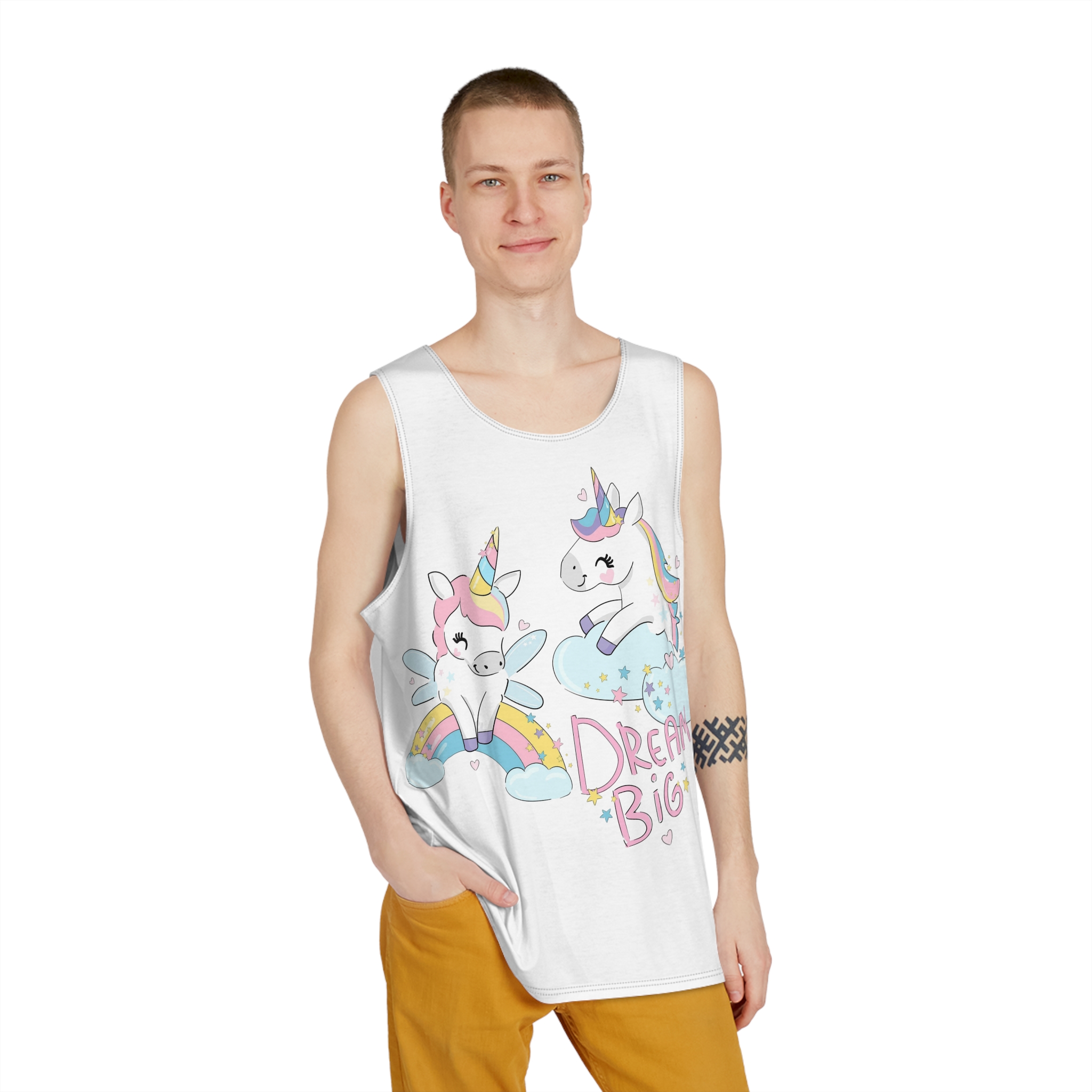 Cute Funny Unicorns Rainbow Beautiful Trend Baby Print Vector Illustration Dream Big Letters Mens Tank Aop - Image 3