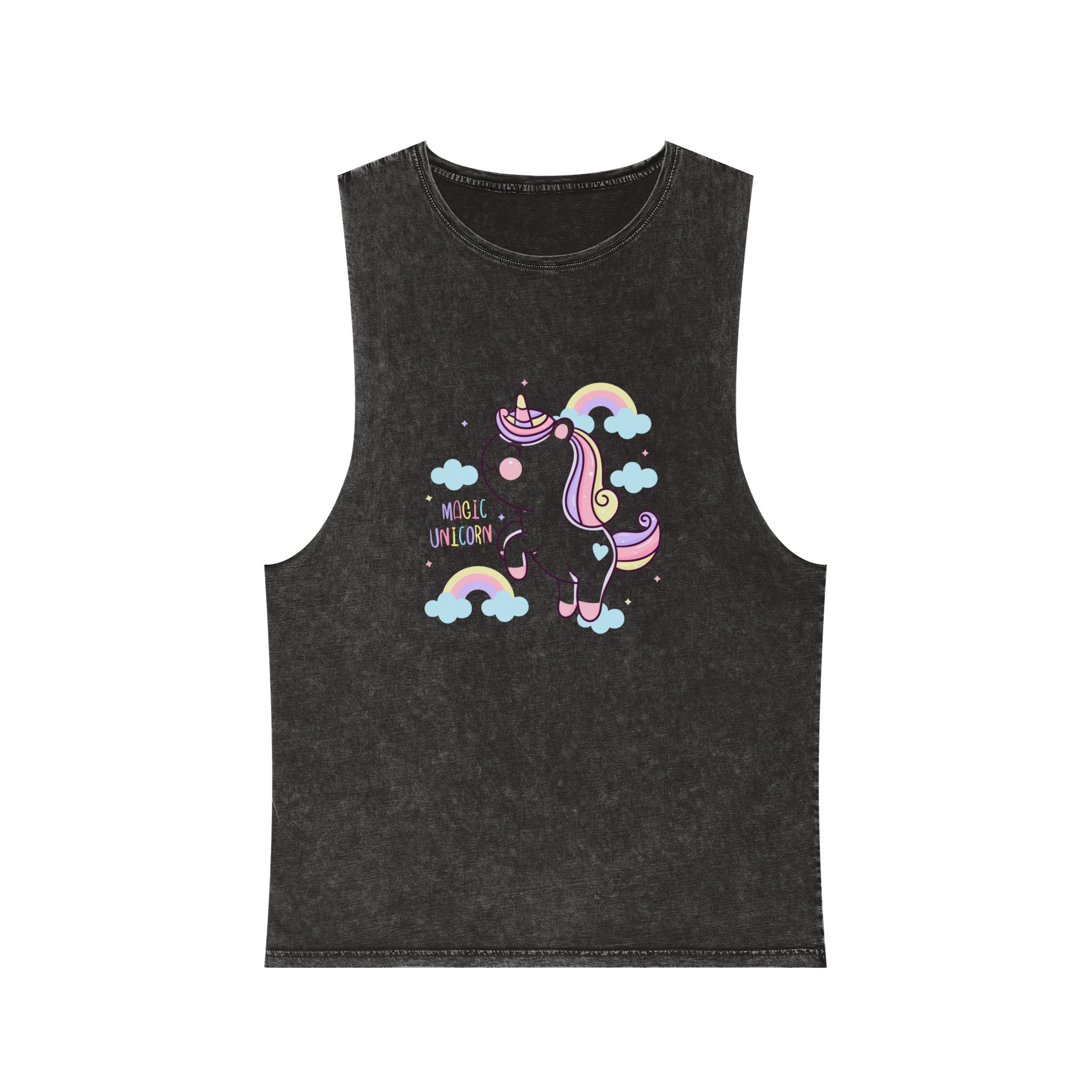 Cute Unicorn Cartoon Magic Rainbow Kawaii Pony Unisex Stonewash Tank Top