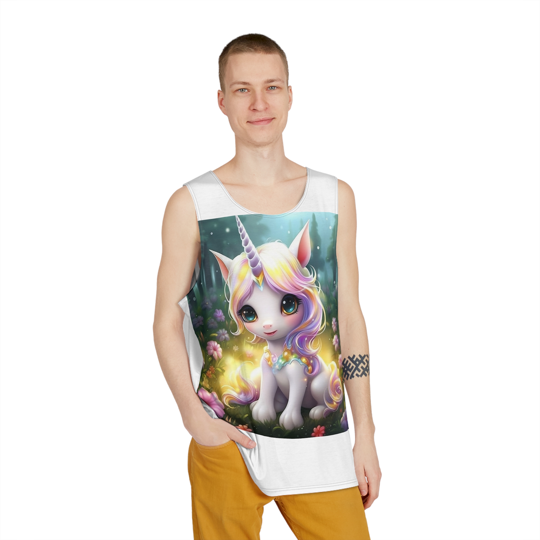 Unicorn Sitting Grass With Flowers Trees Background Generative Ai Mens Tank Aop - Image 3