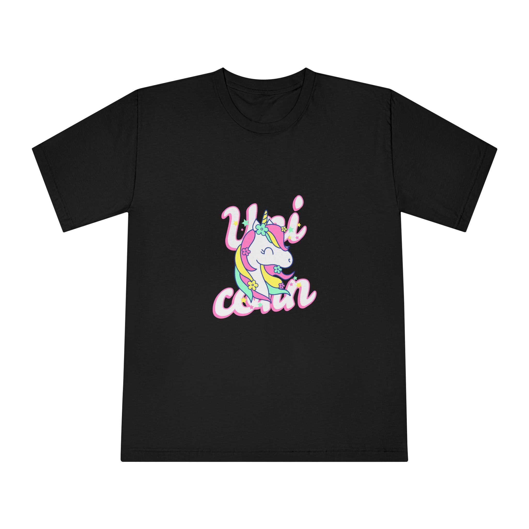 Unicorn With Colorful Text Flowers Unisex Classic Crewneck T Shirt - Image 5