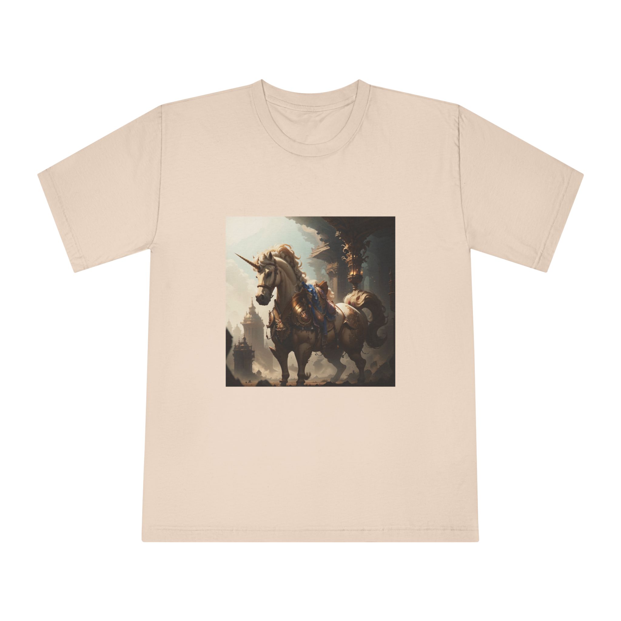 Unicorn With Sword Its Back Is Standing Front Building Unisex Classic Crewneck T Shirt - Image 9