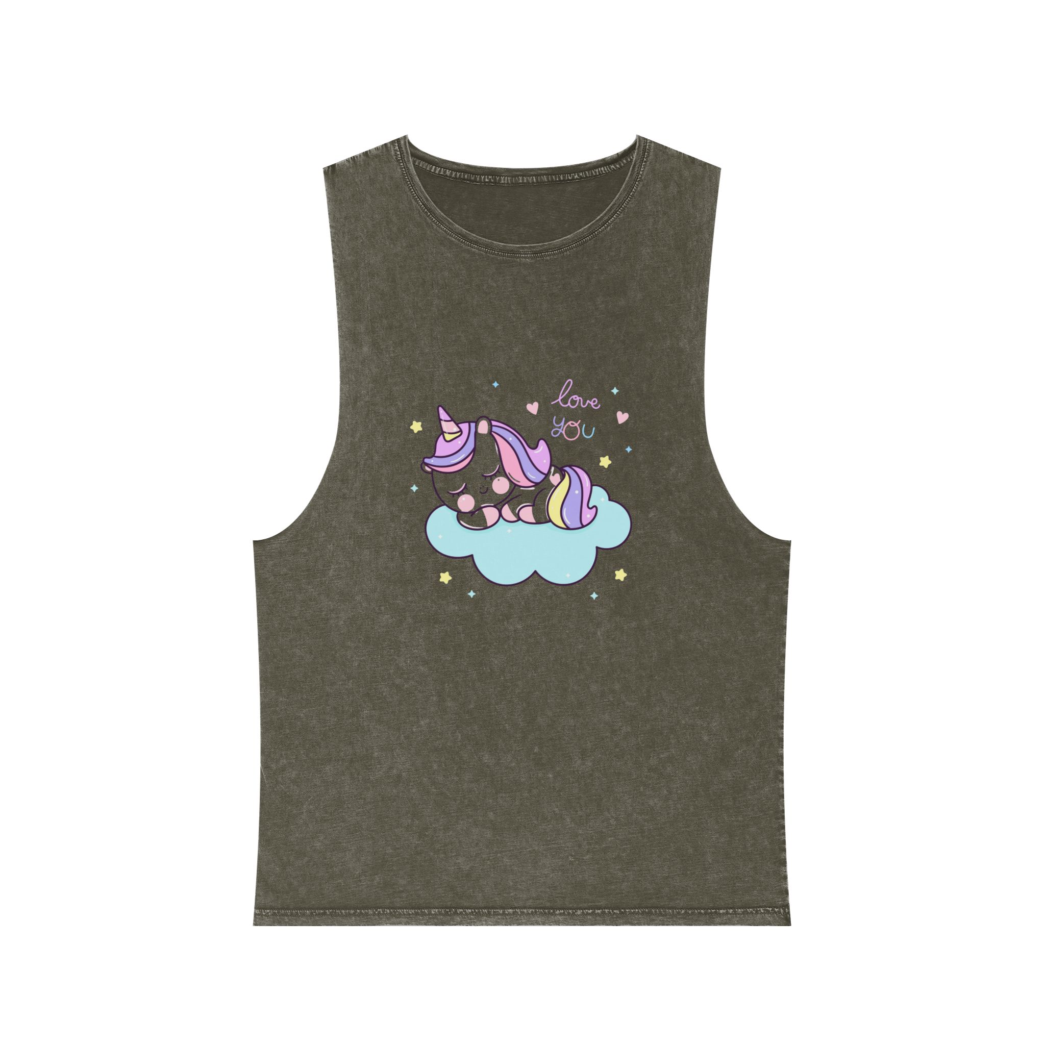 Cute Unicorn Sleep Cartoon Cloud Sweet Dream Kawaii Hand Drawn Unisex Stonewash Tank Top - Image 5
