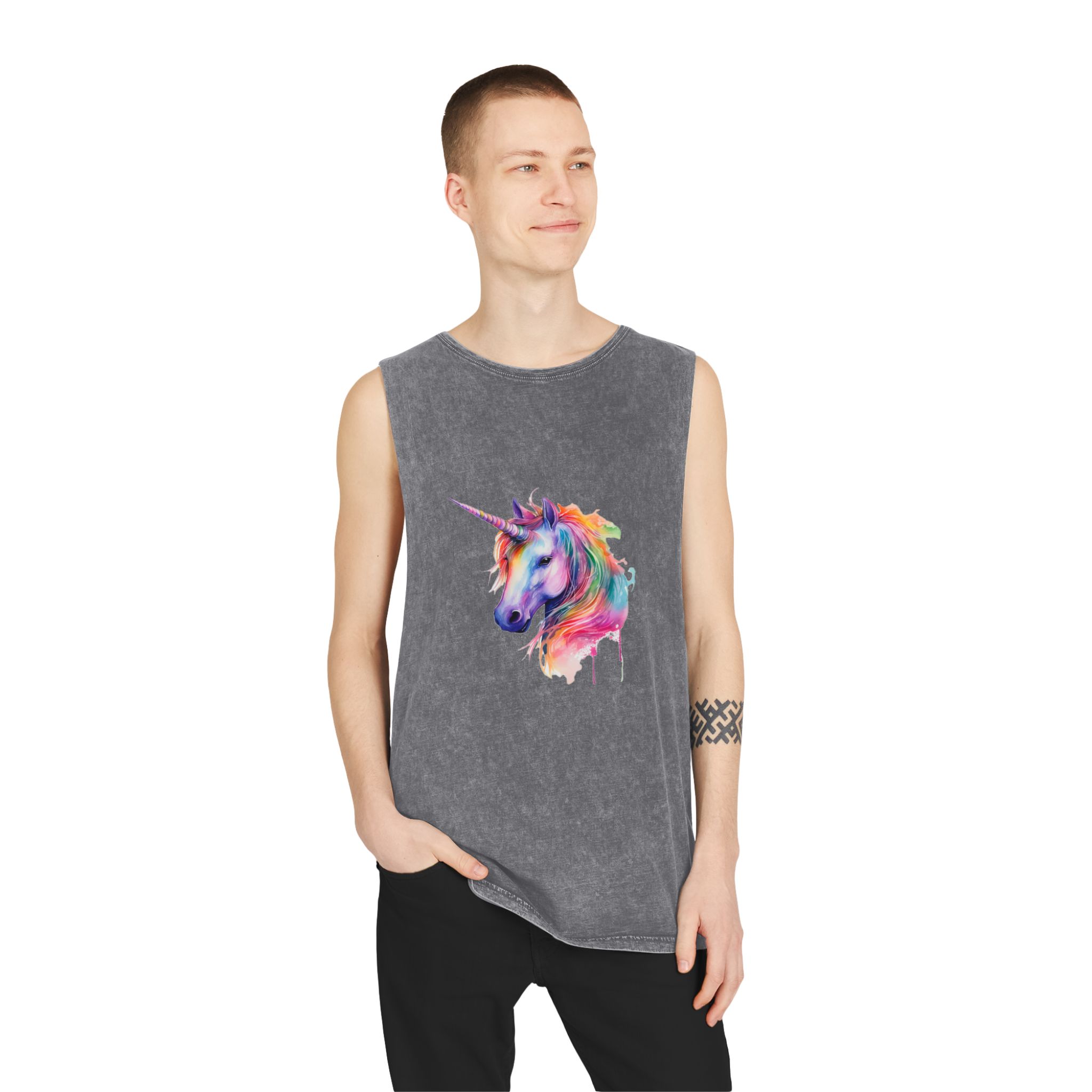 Unicorn Portrait Watercolor Illustration Rainbow Animal Watercolor Character Isolated White Copy Unisex Stonewash Tank Top - Image 11