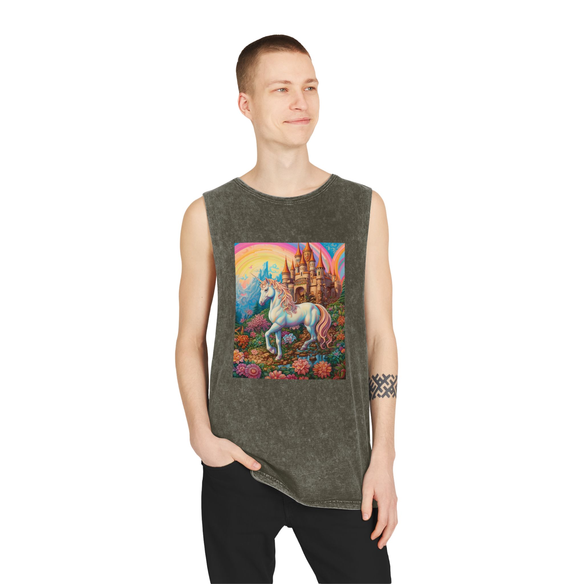 Painting Unicorn Fantasy Setting With Castle Background Generative Ai Copy Unisex Stonewash Tank Top - Image 7