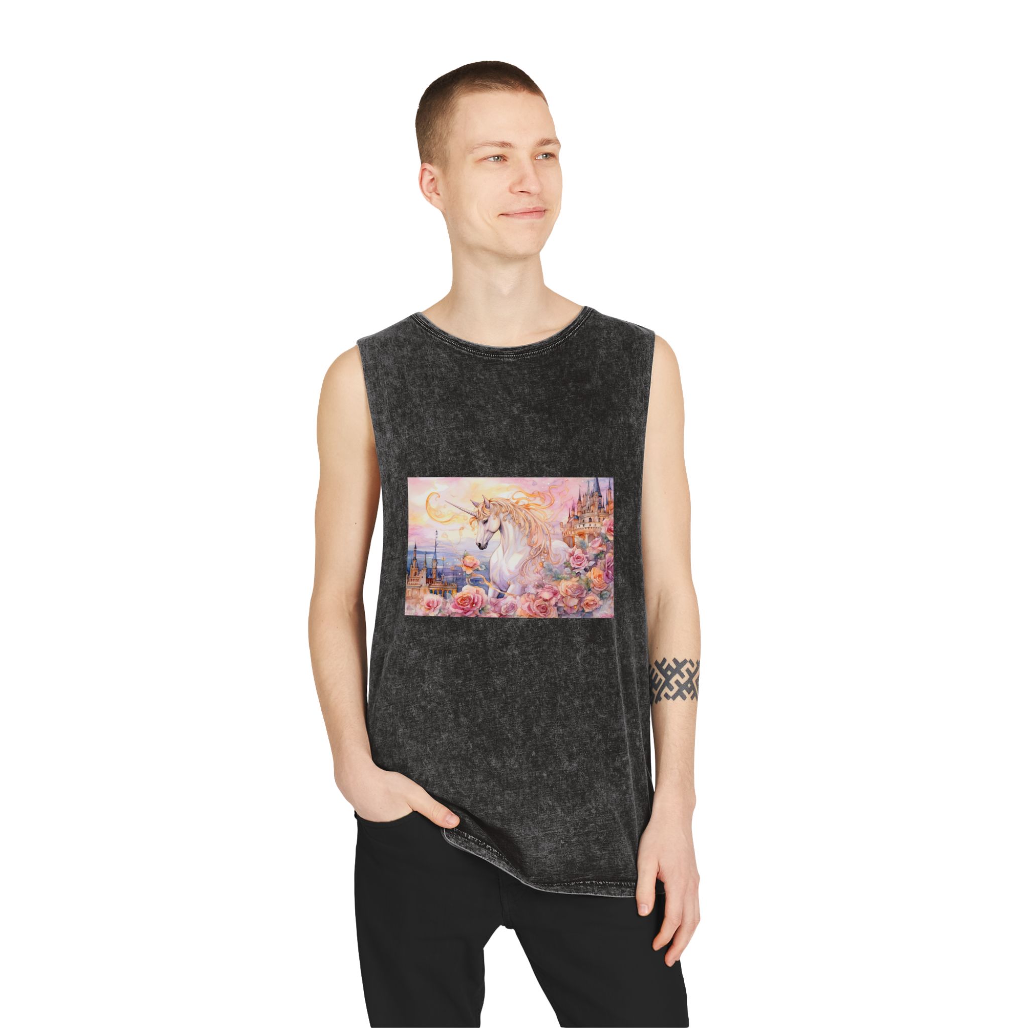 Painting Unicorn Castle With Roses Castle Background Generative Ai Unisex Stonewash Tank Top - Image 3