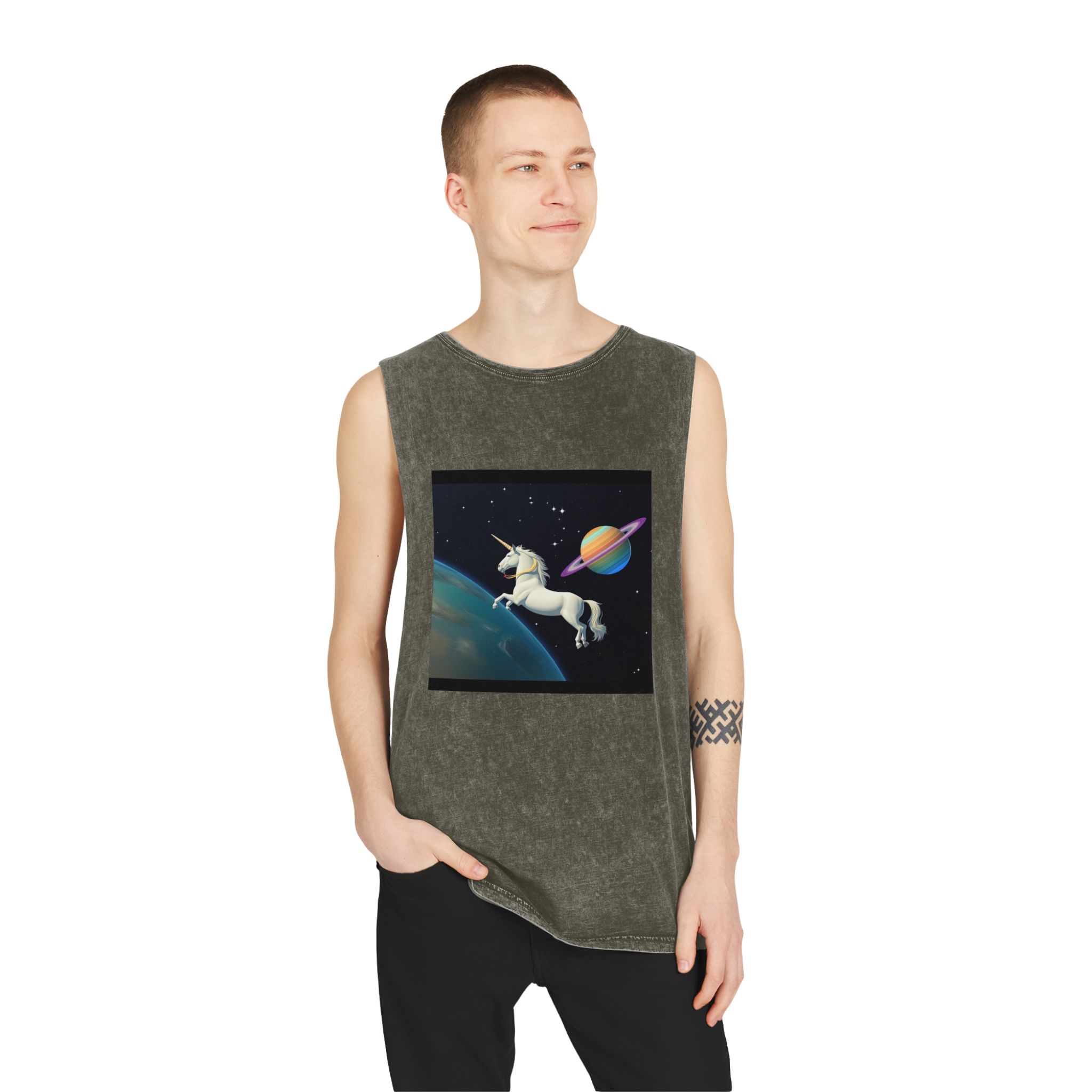 Picture White Unicorn With Rainbow It Unisex Stonewash Tank Top - Image 7