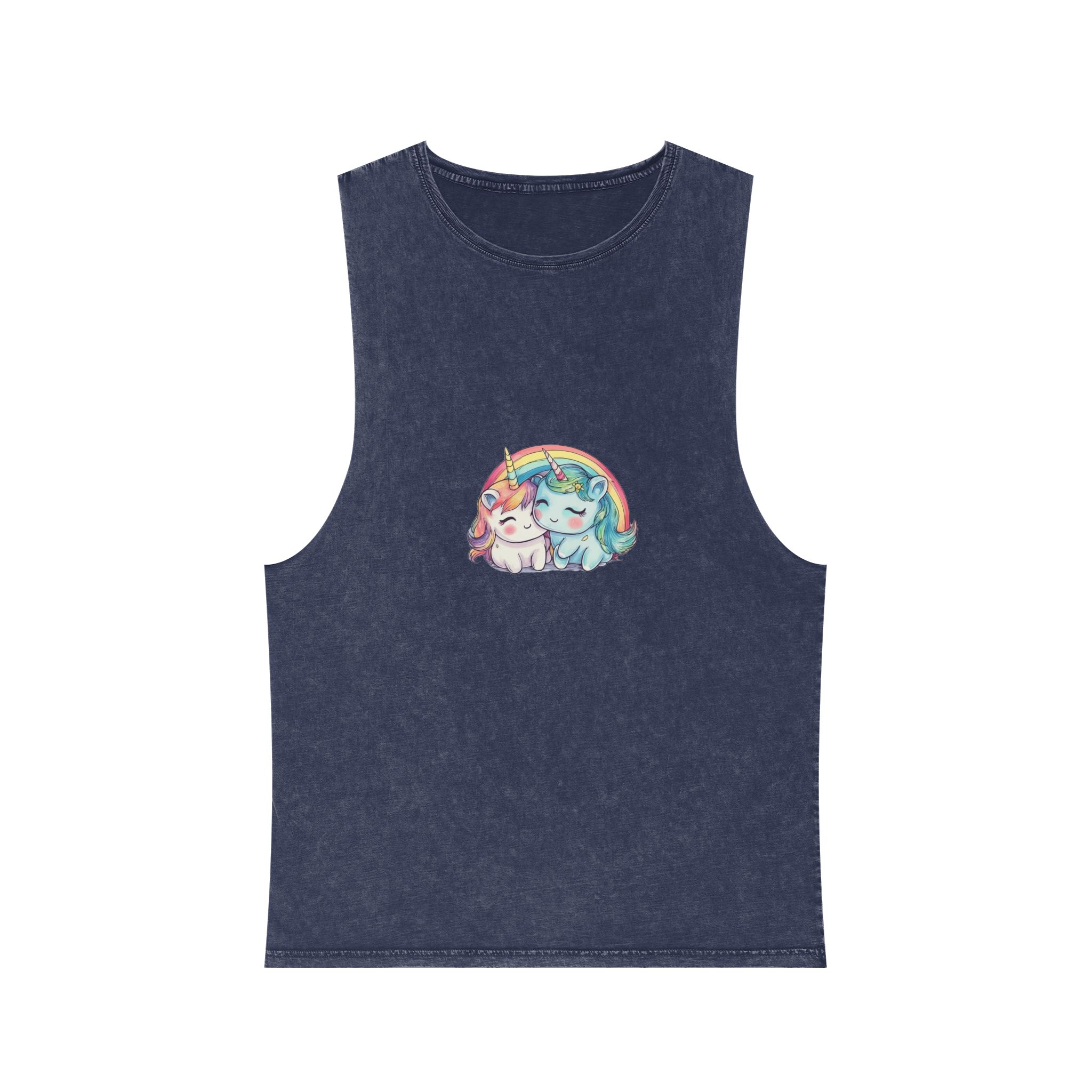 Pair Adorable Light Blue Pink Unicorns Isolated Rainbow Colors Background (1) Unisex Stonewash Tank Top - Image 13