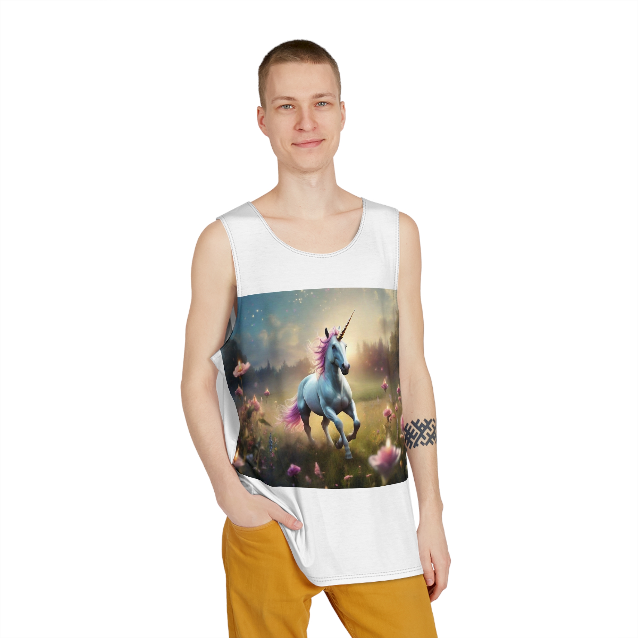 Beautiful Unicorn Running Magical Meadow Unicorn Background Images Whimsical Unicorn (19) Mens Tank Aop - Image 3