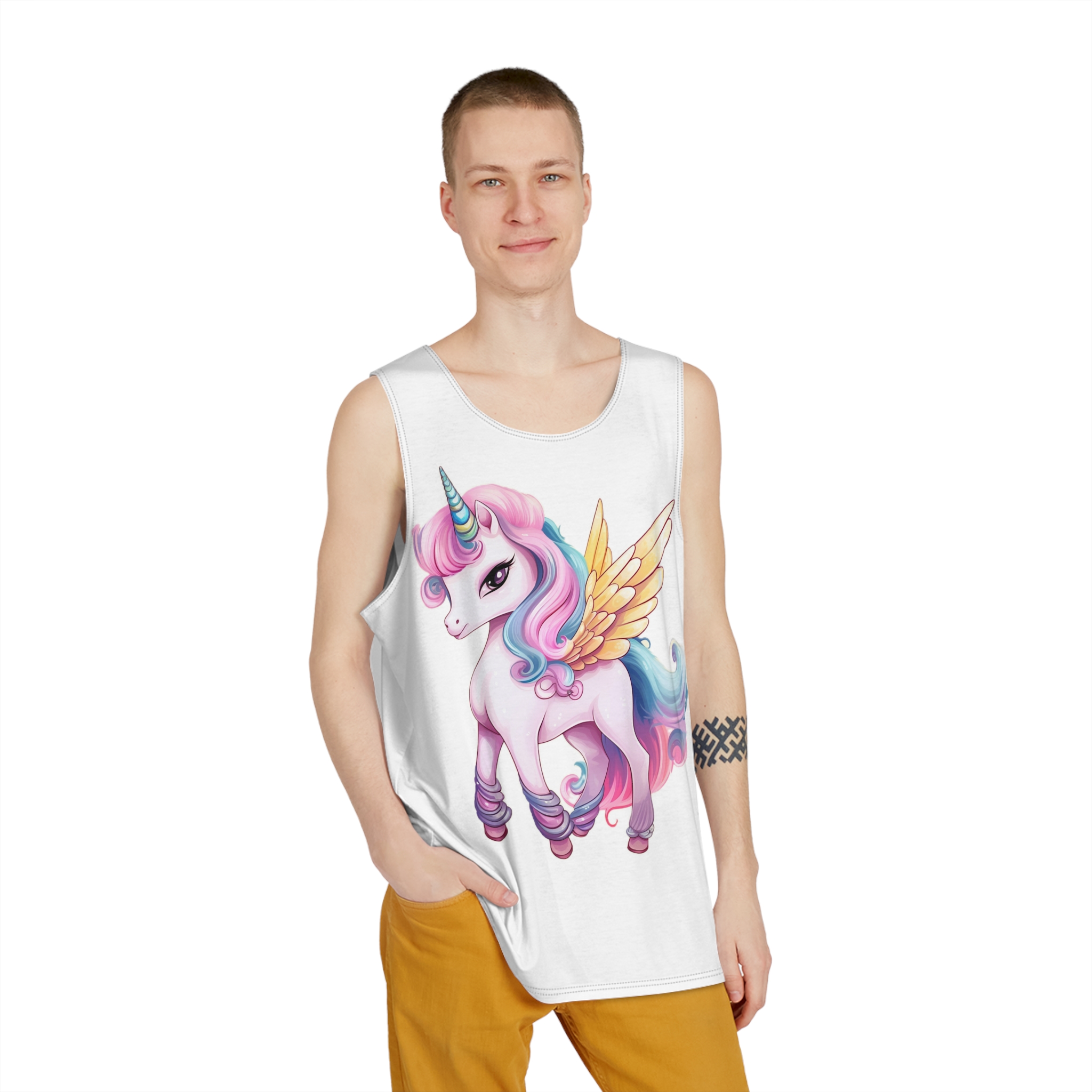 There Is Cartoon Unicorn With Pink Mane Blue Tail Generative Ai Mens Tank Aop - Image 3