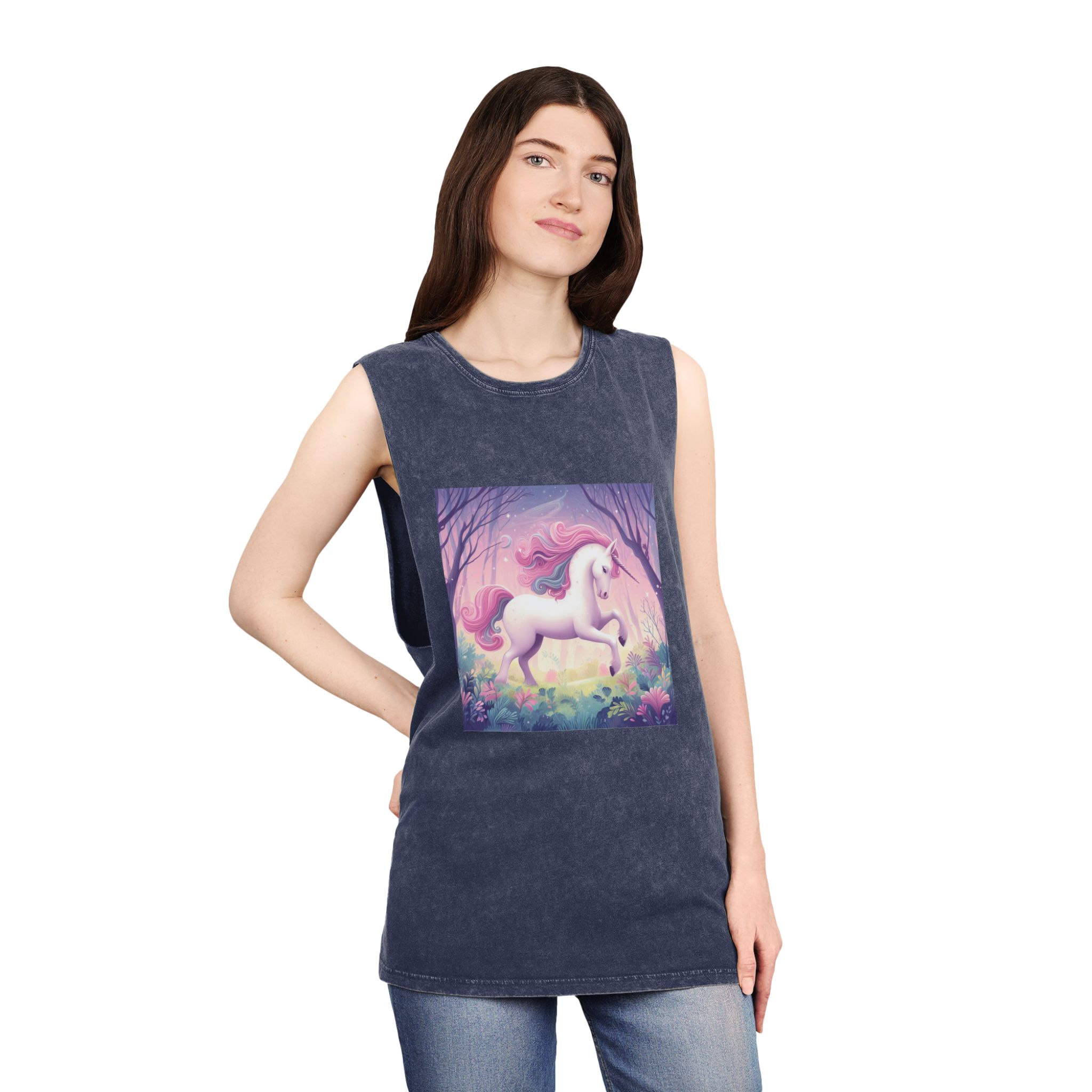 Beautiful Unicorn Running Magical Meadow Unicorn Background Images Whimsical Unicorn (25) Unisex Stonewash Tank Top - Image 16