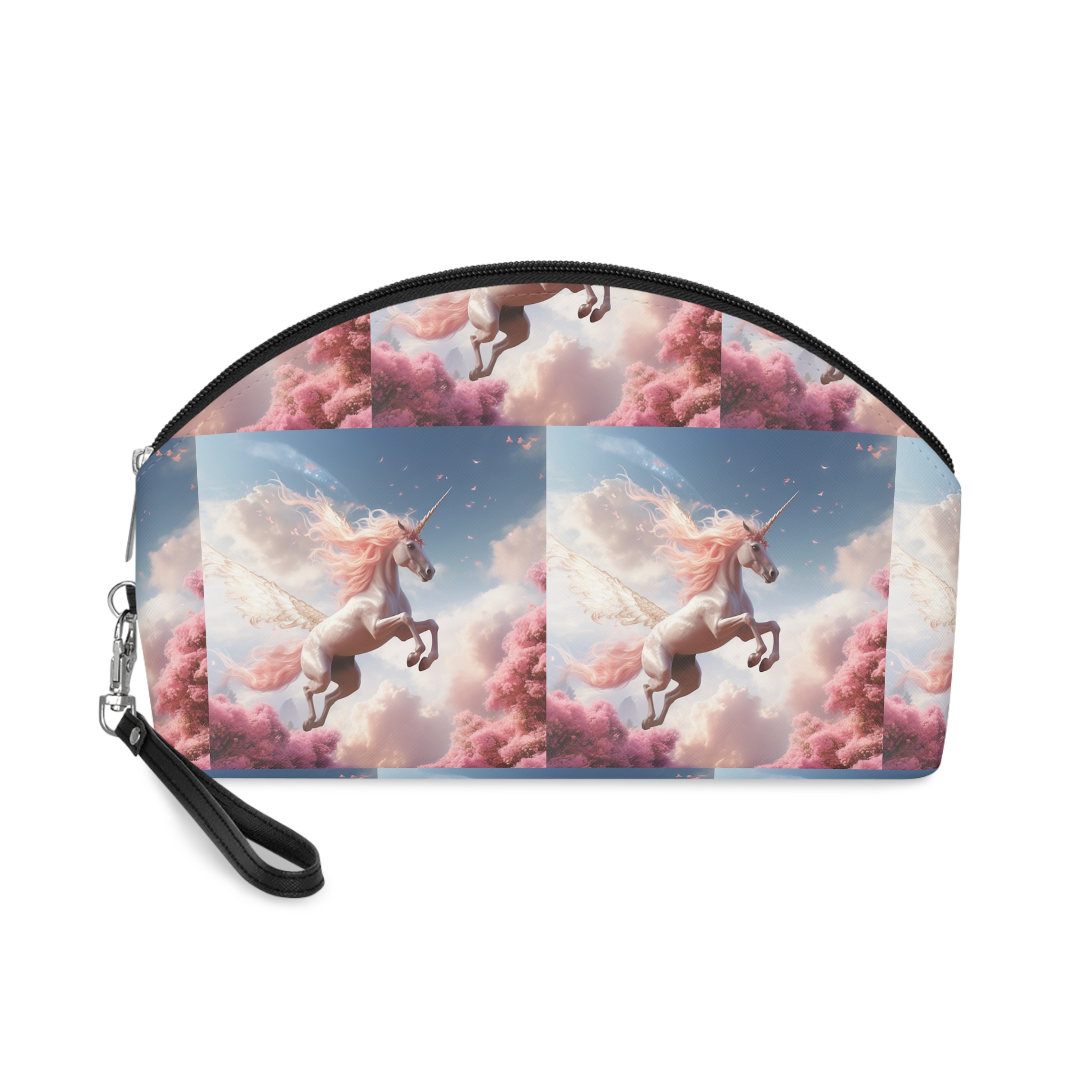 Unicorn With Pink Mane Flying Through Sky With Pink Trees Generative Ai Makeup Bag