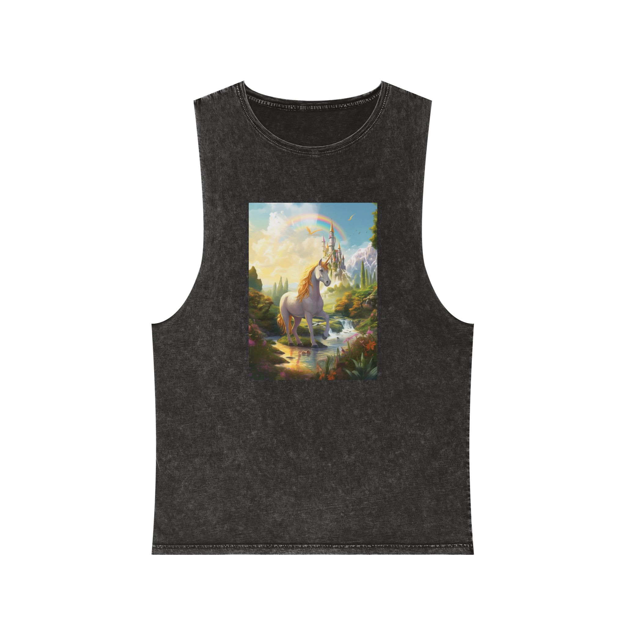 Painting Unicorn Fantasy Setting With Castle Background Generative Ai Unisex Stonewash Tank Top