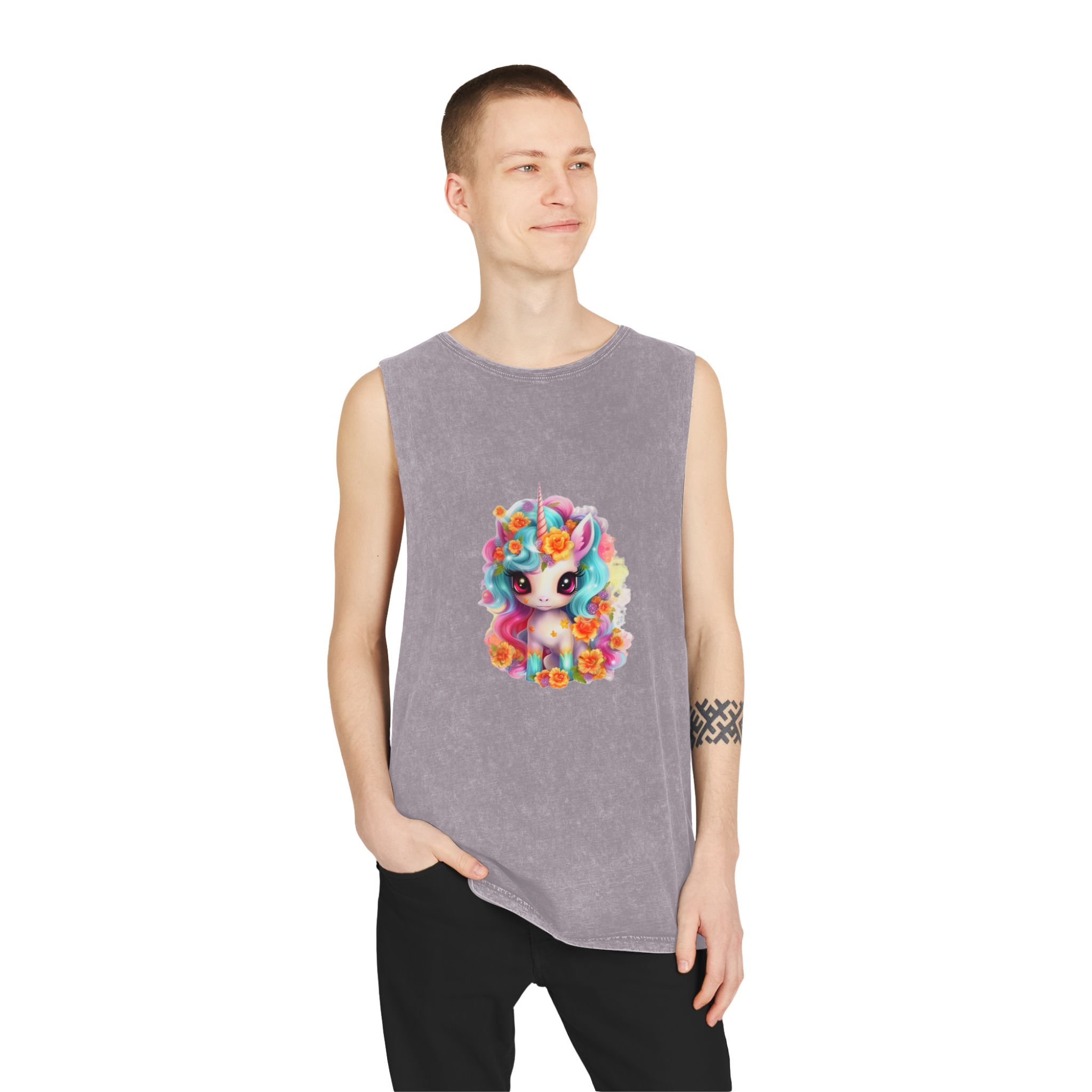 Illustration Unicorn Cartoon With Flower White Background Generative Ai (2) Unisex Stonewash Tank Top - Image 19