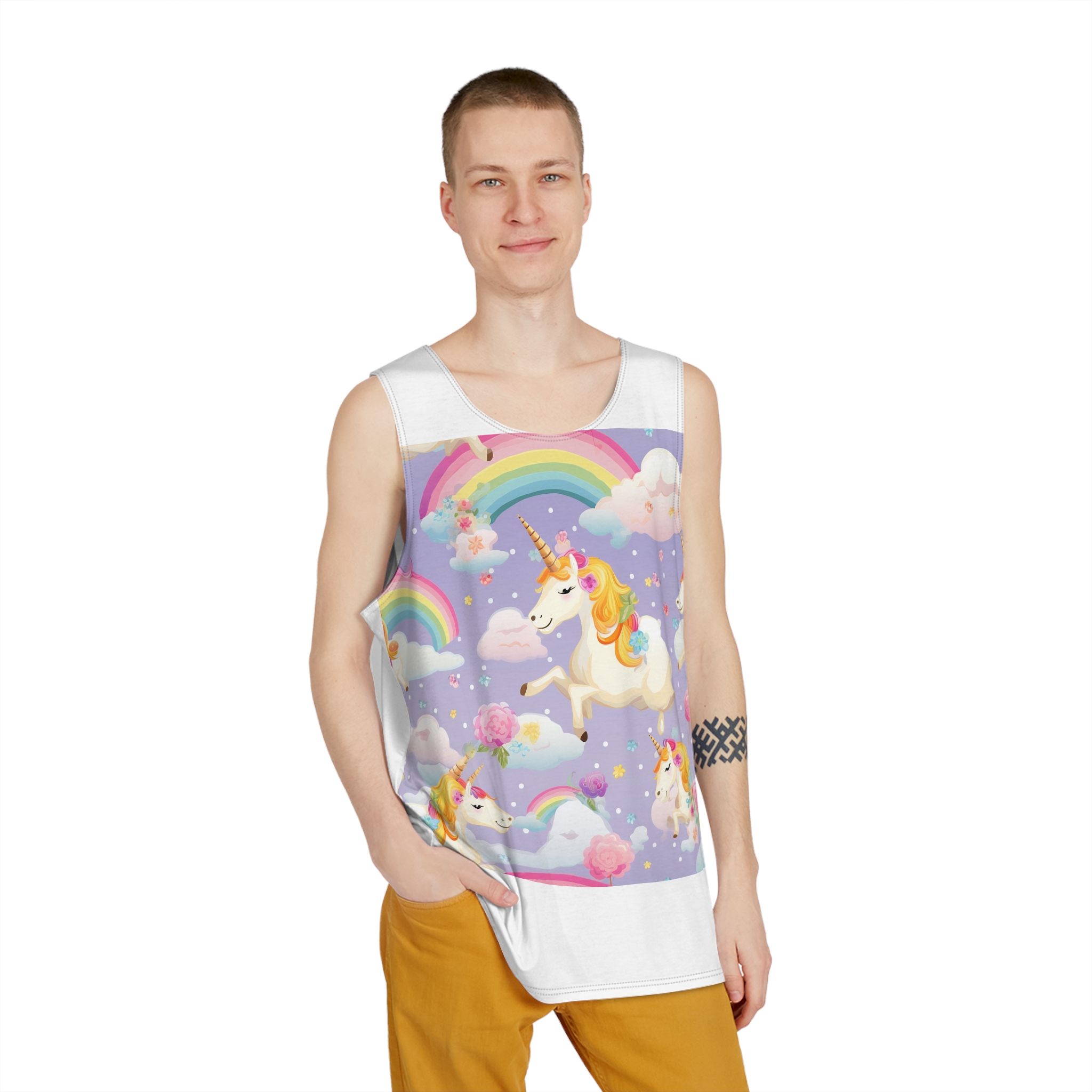 Playful Unicorns Among Flowers Clouds Rainbows Ice Creams Pastel Background (5) Mens Tank Aop - Image 3