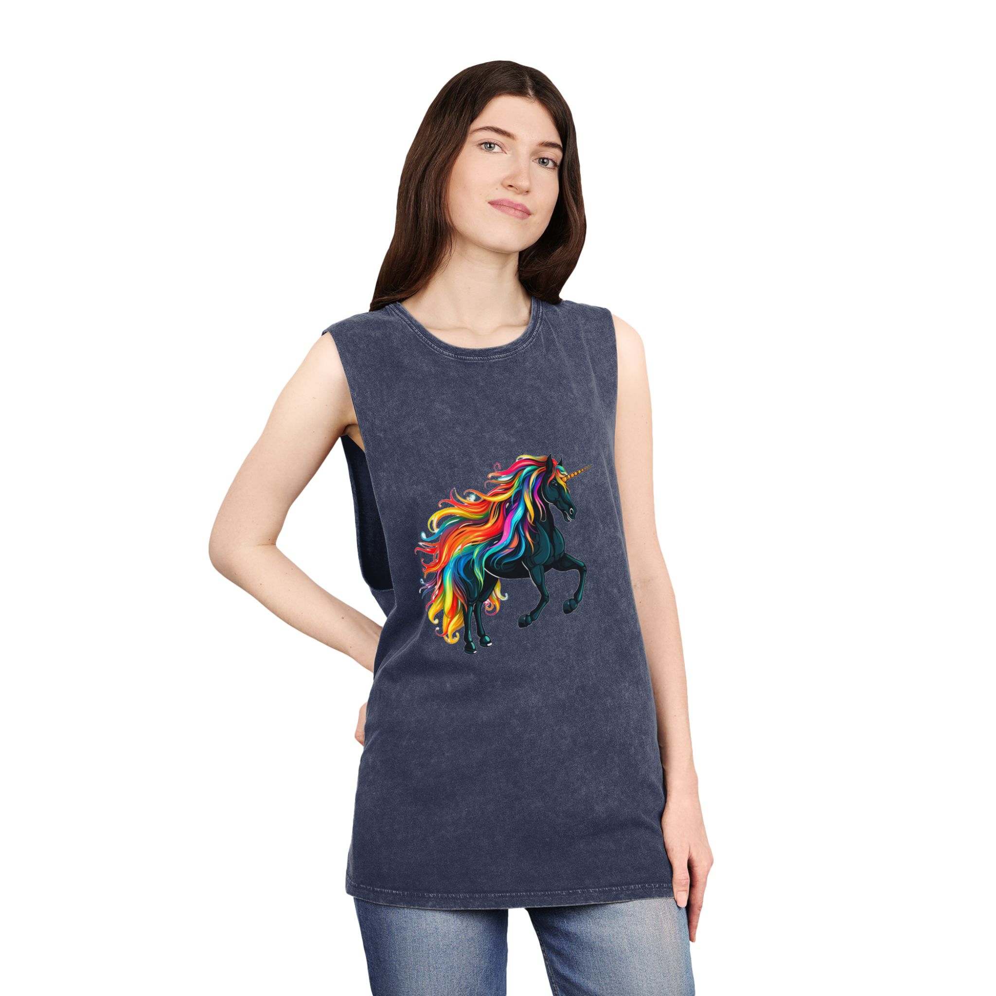 Close Up Black Unicorn With Rainbow Mane Generative Ai Unisex Stonewash Tank Top - Image 16