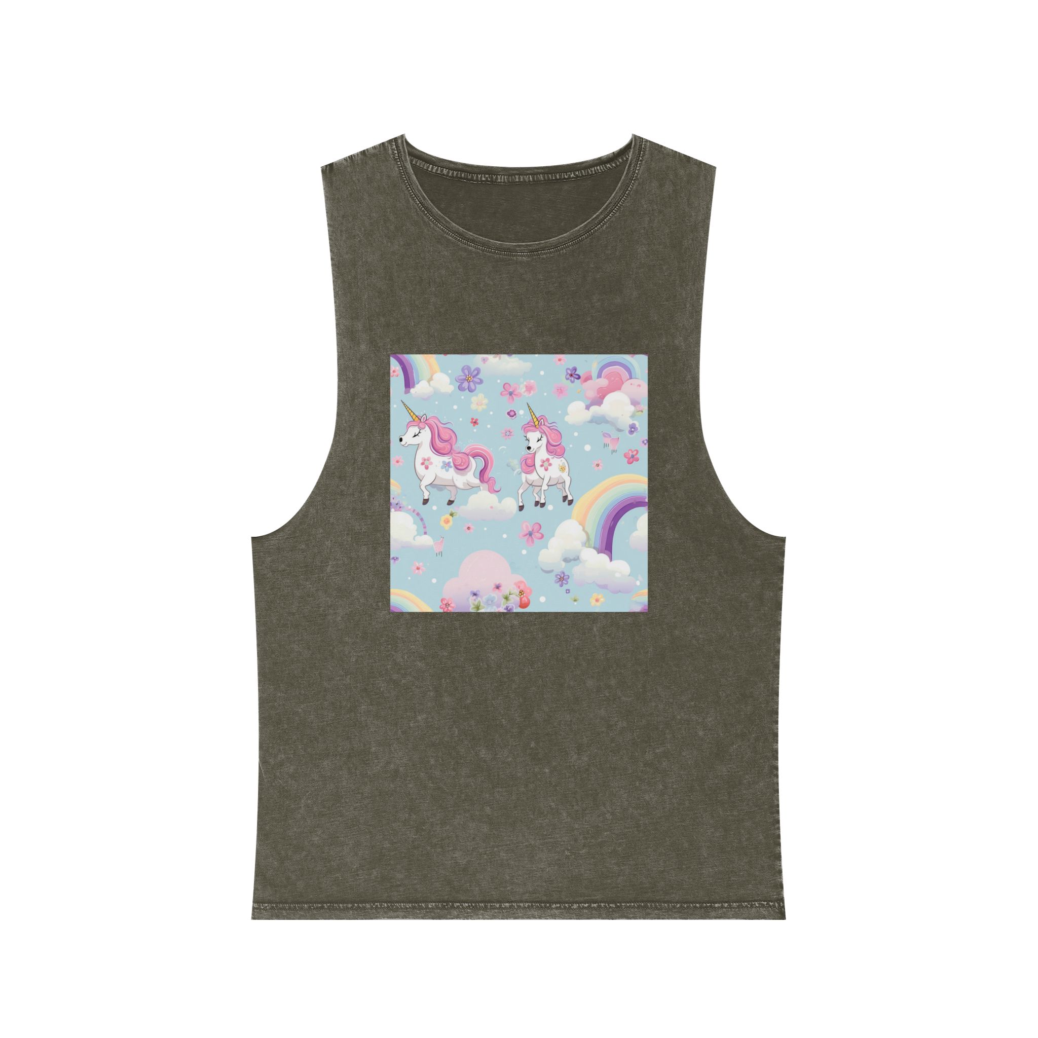 Playful Unicorns Among Flowers Clouds Rainbows Ice Creams Pastel Background Unisex Stonewash Tank Top - Image 5