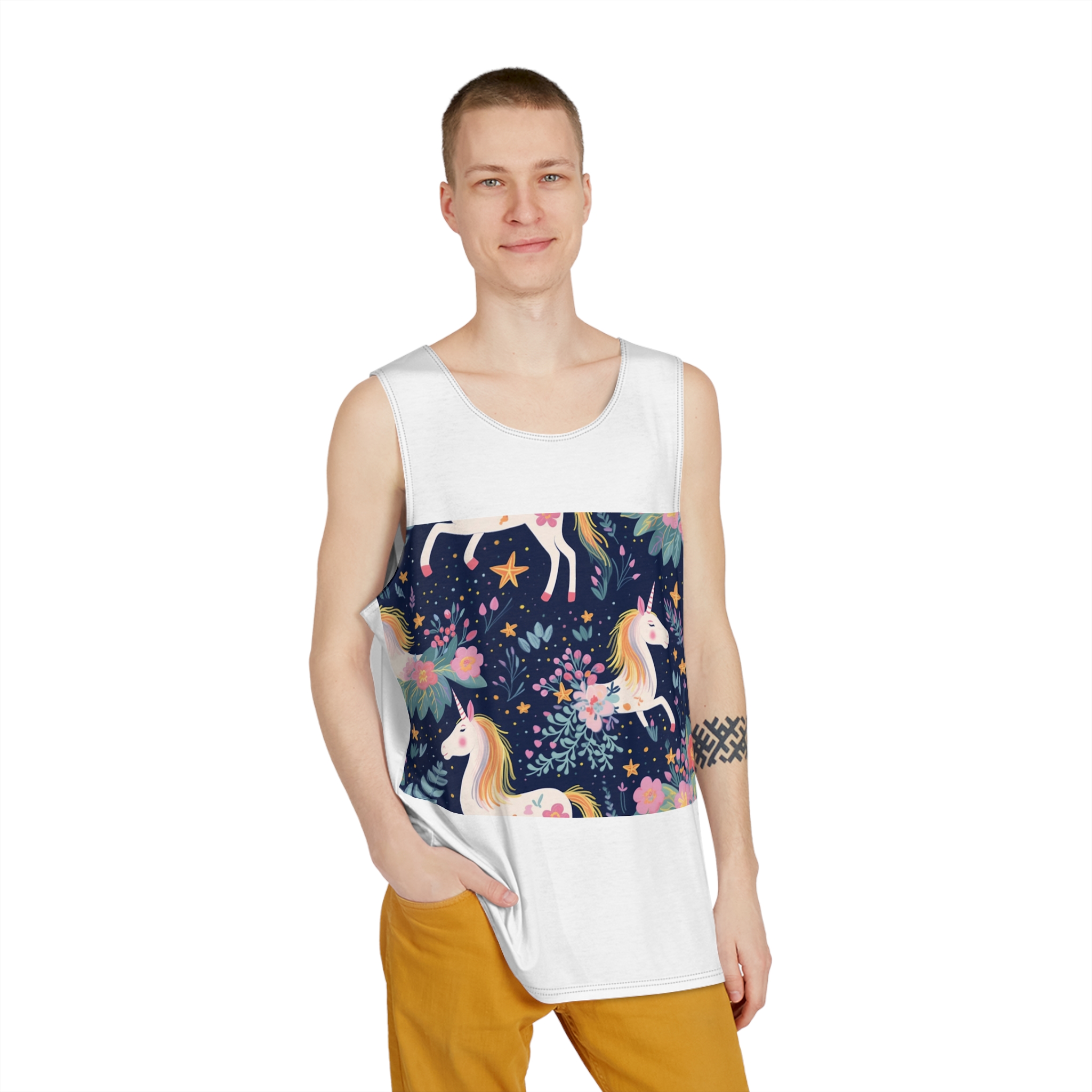 Close Up Pattern Unicorns Flowers Generative Ai Mens Tank Aop - Image 3