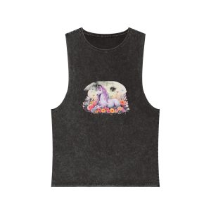 Illustration Little Unicorn Sits With Flowers Unisex Stonewash Tank Top