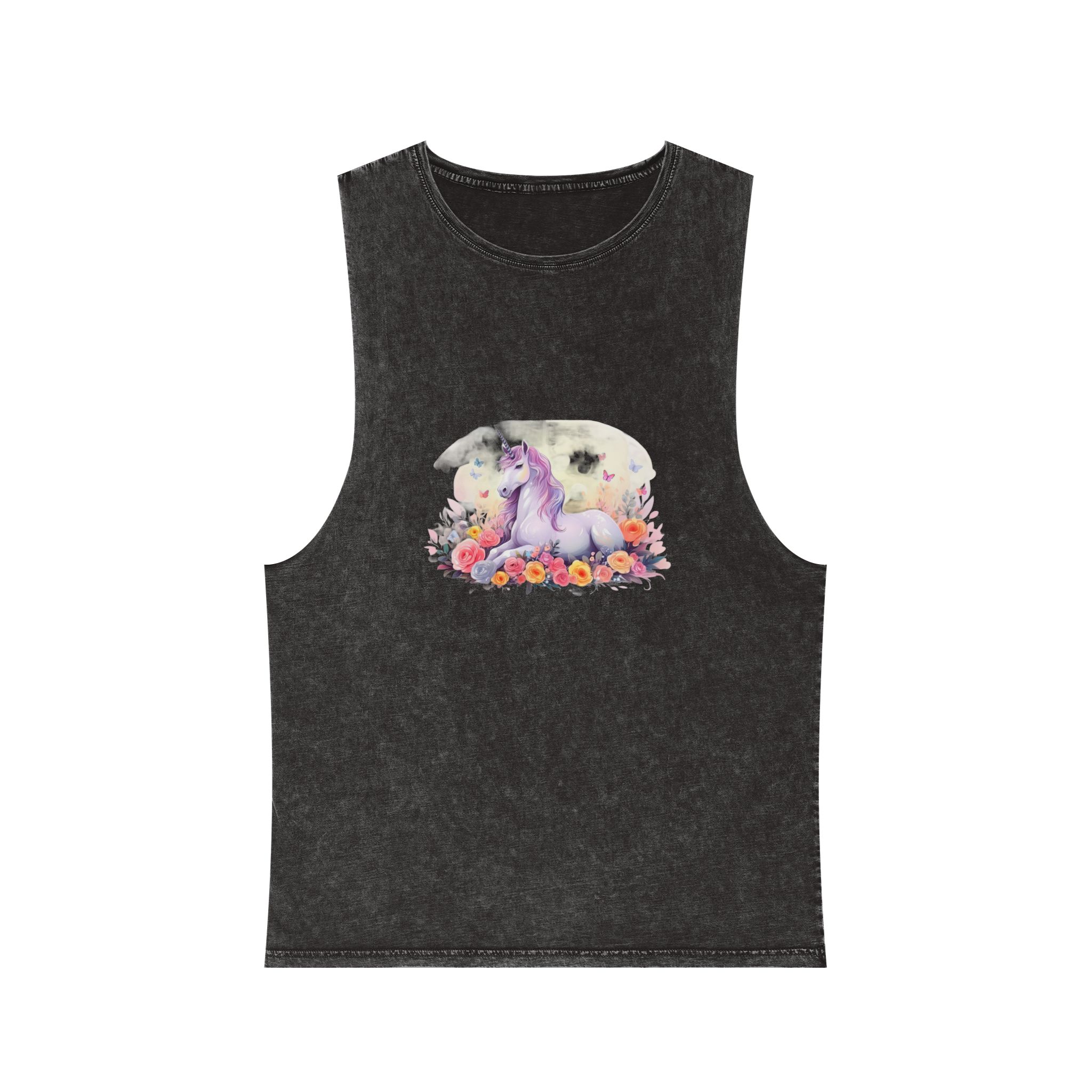 Illustration Little Unicorn Sits With Flowers Unisex Stonewash Tank Top