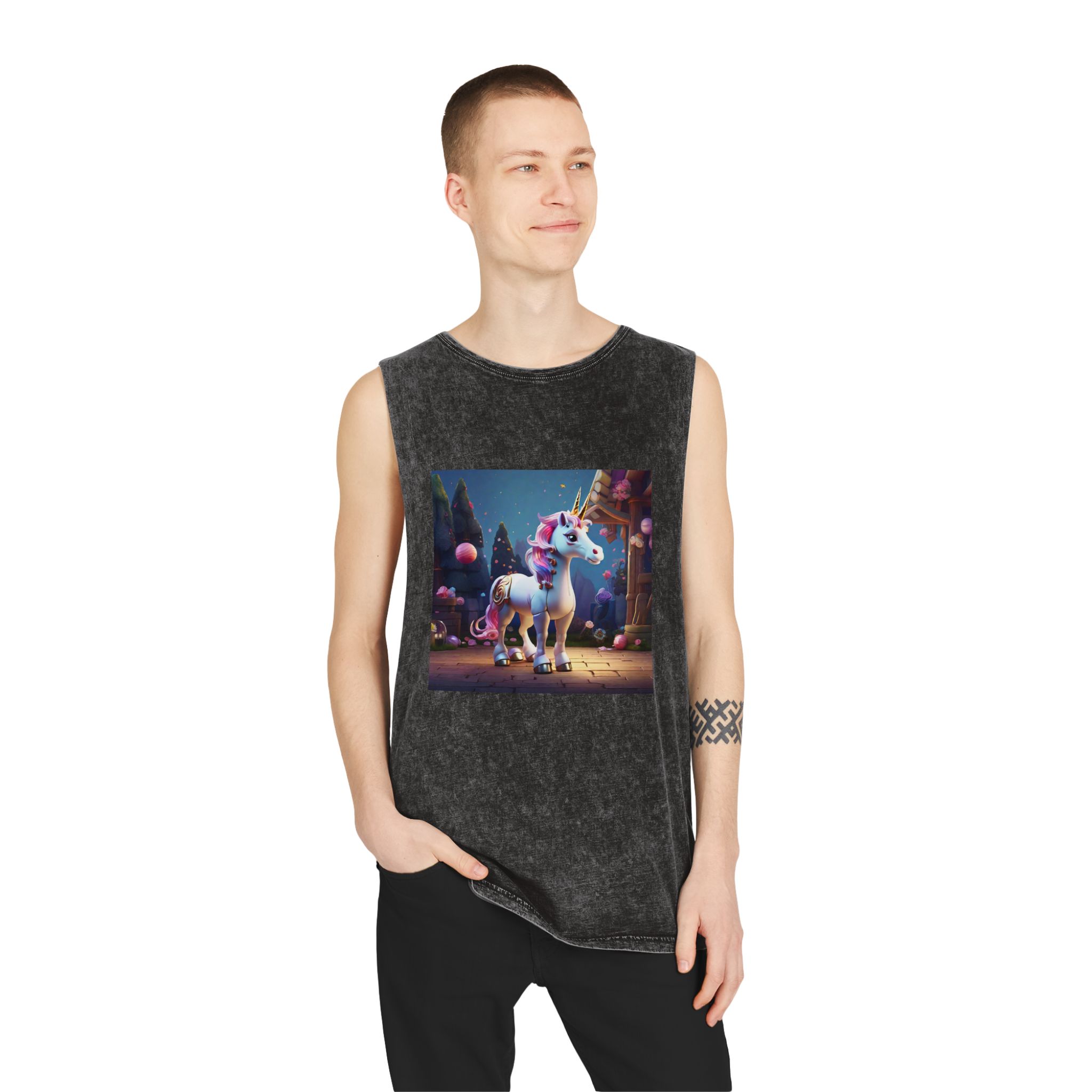 Animated Unicorn Children Generated By Ai (5) Unisex Stonewash Tank Top - Image 3